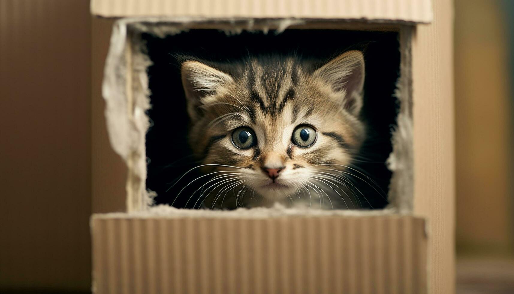 Cute kitten hiding in a cardboard box, peeking out generated by AI photo