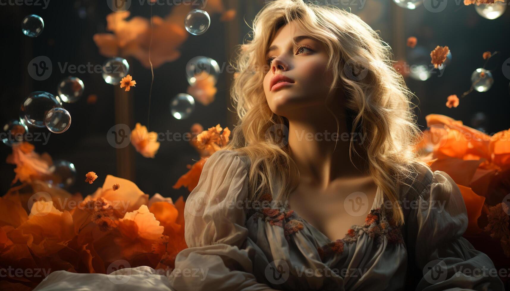 A beautiful young woman with blond hair enjoys autumn outdoors generated by AI photo
