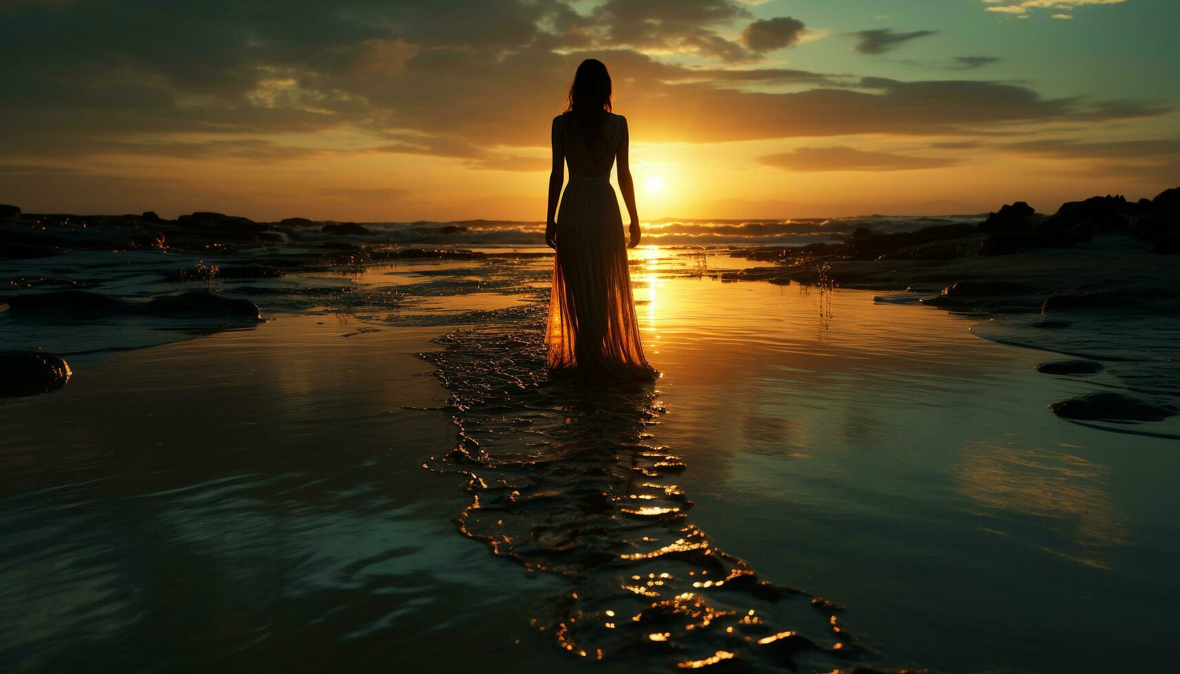 A young woman in a beautiful dress enjoys a sunset generated by AI photo