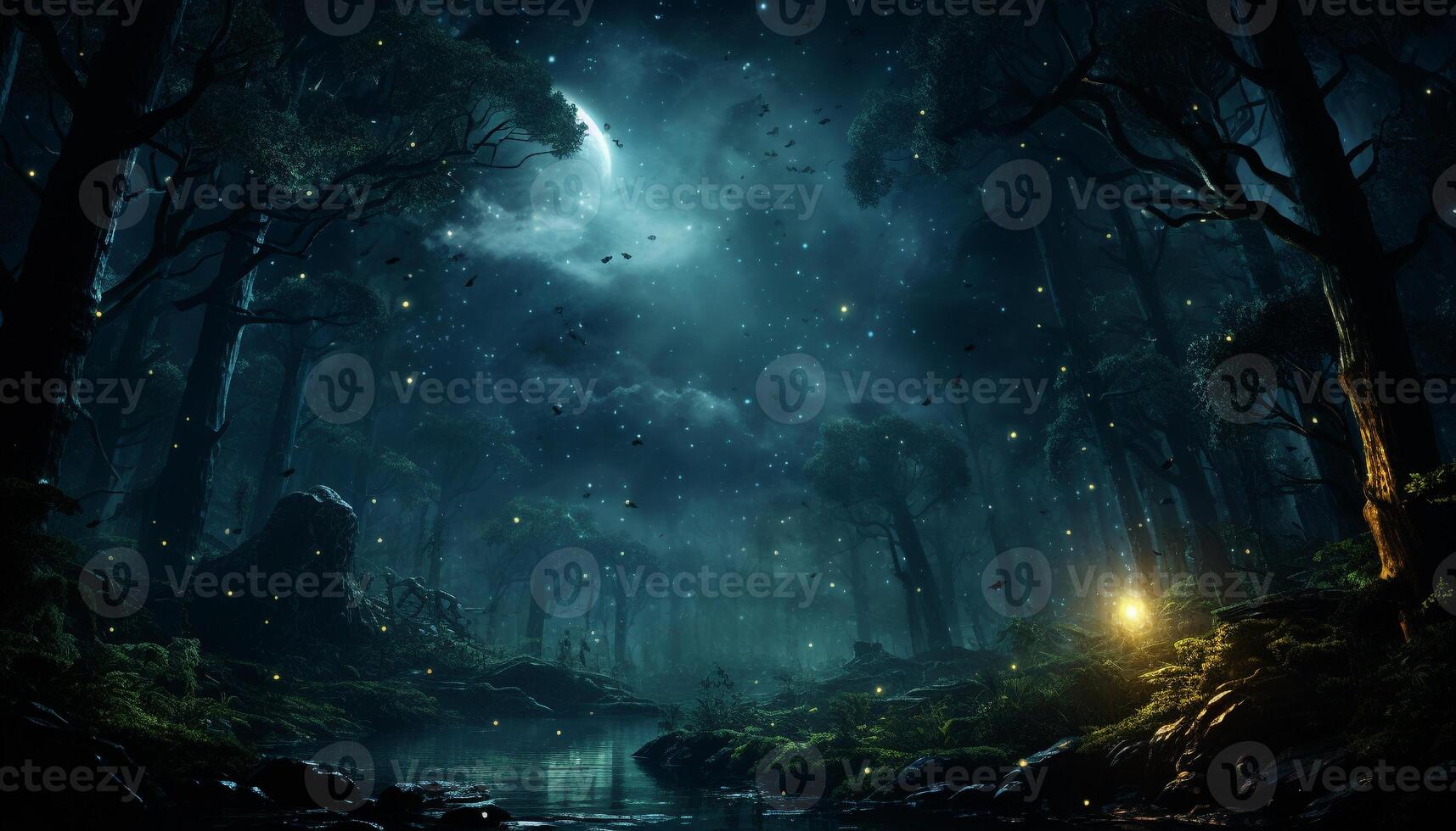 Spooky forest, mysterious galaxy, starlit tree, horror in nature generated by AI photo