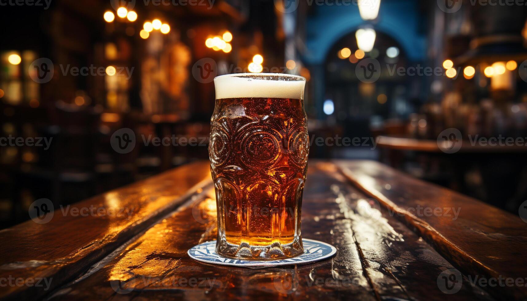 A dark pub table, a frothy pint glass, a refreshing drink generated by AI photo
