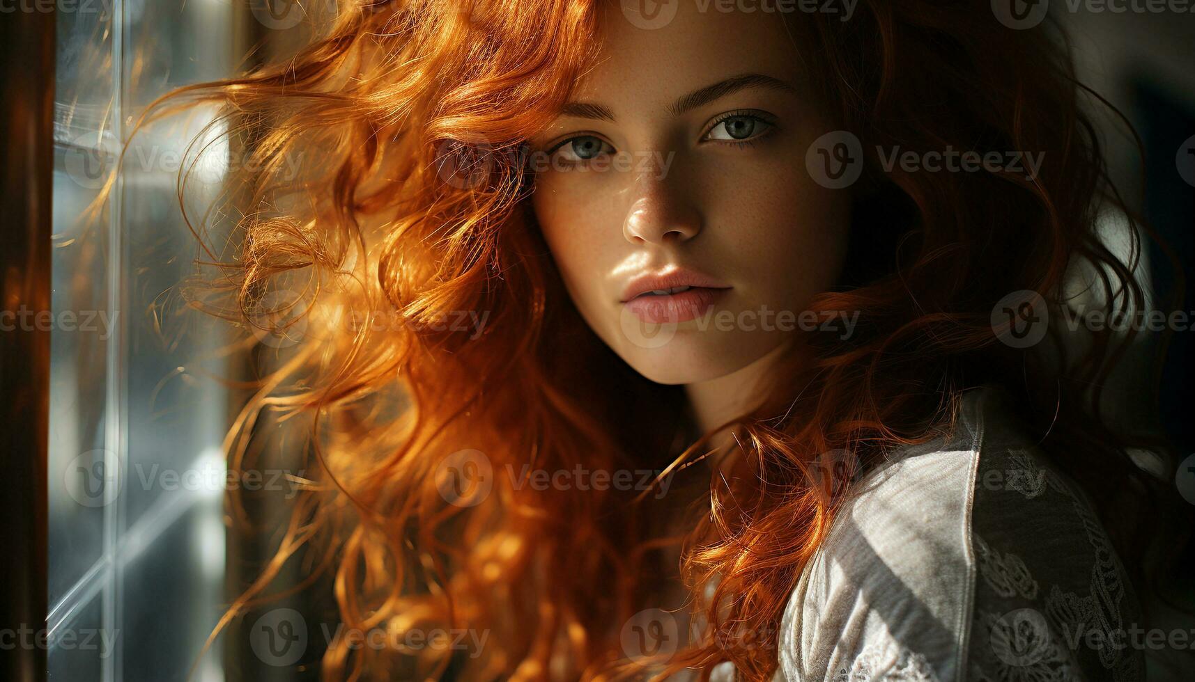 Young adult woman with brown hair, looking at camera, outdoors generated by AI photo