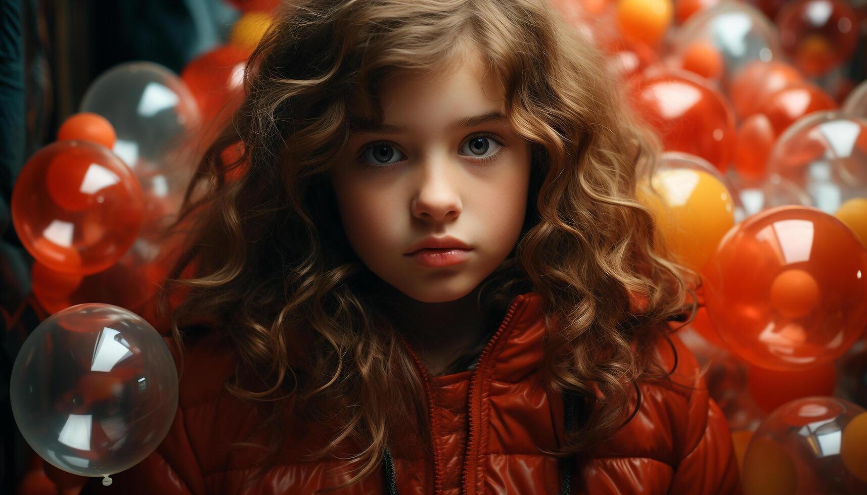 Cute Caucasian girl smiling, looking at camera, holding colorful balloon generated by AI photo