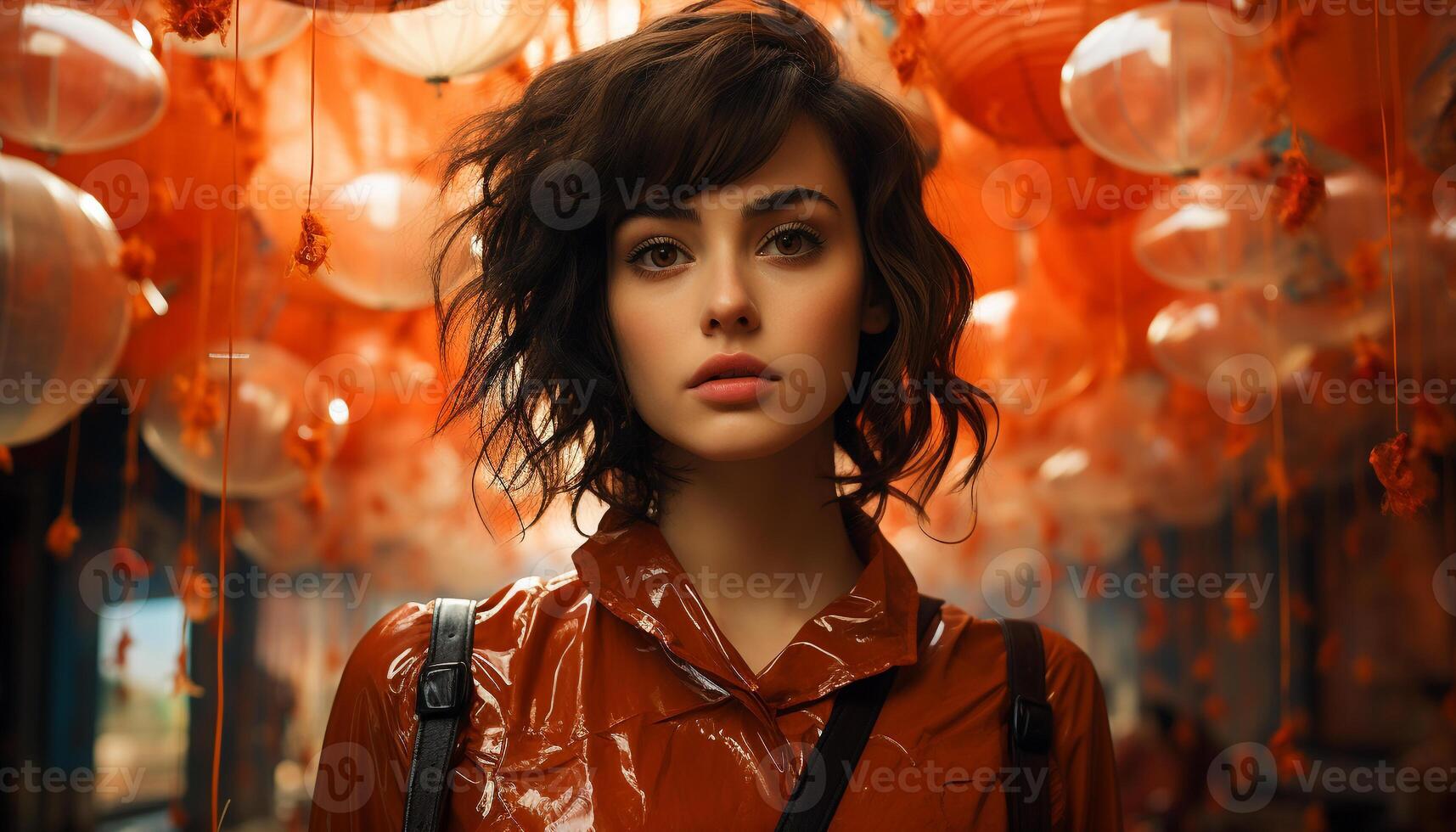 Young adult woman, beauty in elegance, fashion model looking at camera generated by AI photo