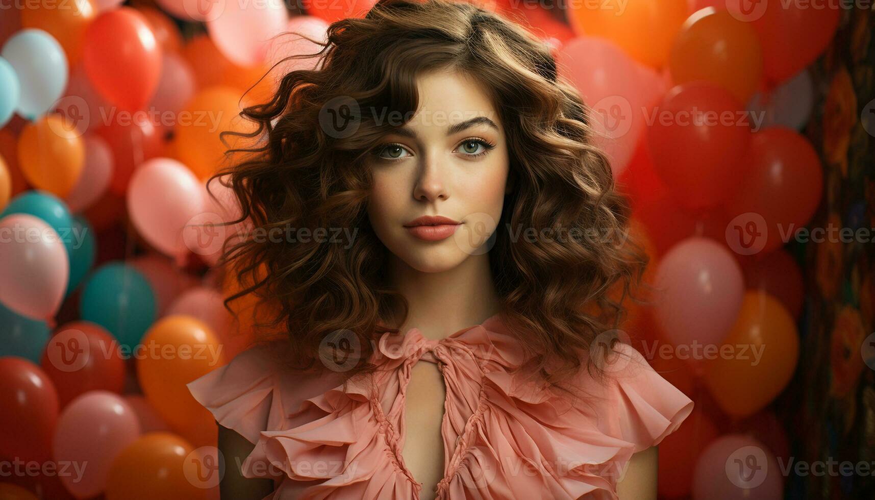 A beautiful young woman with curly brown hair, smiling at camera generated by AI photo