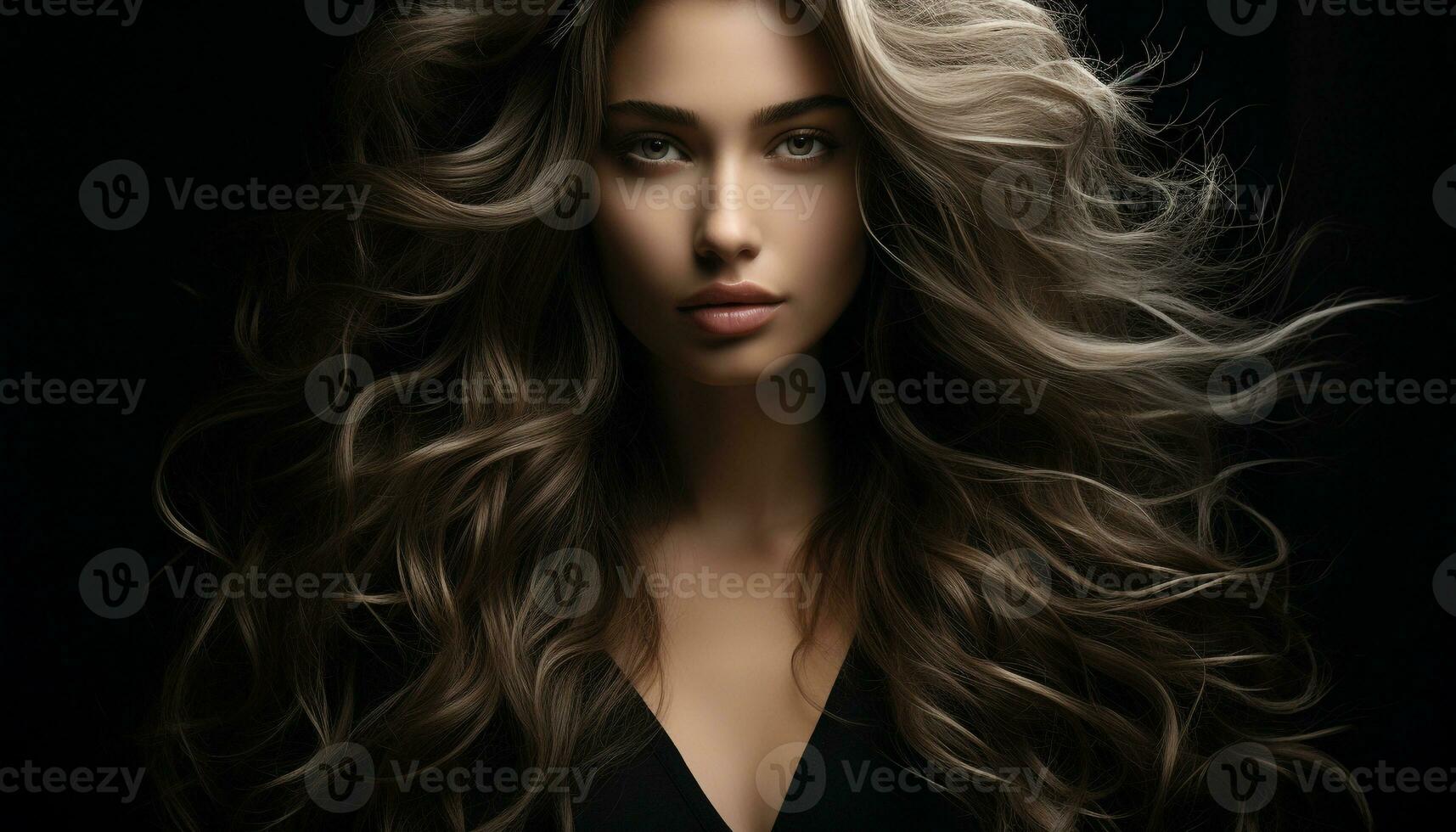 Beautiful woman with long curly hair, looking sensually at camera generated by AI photo