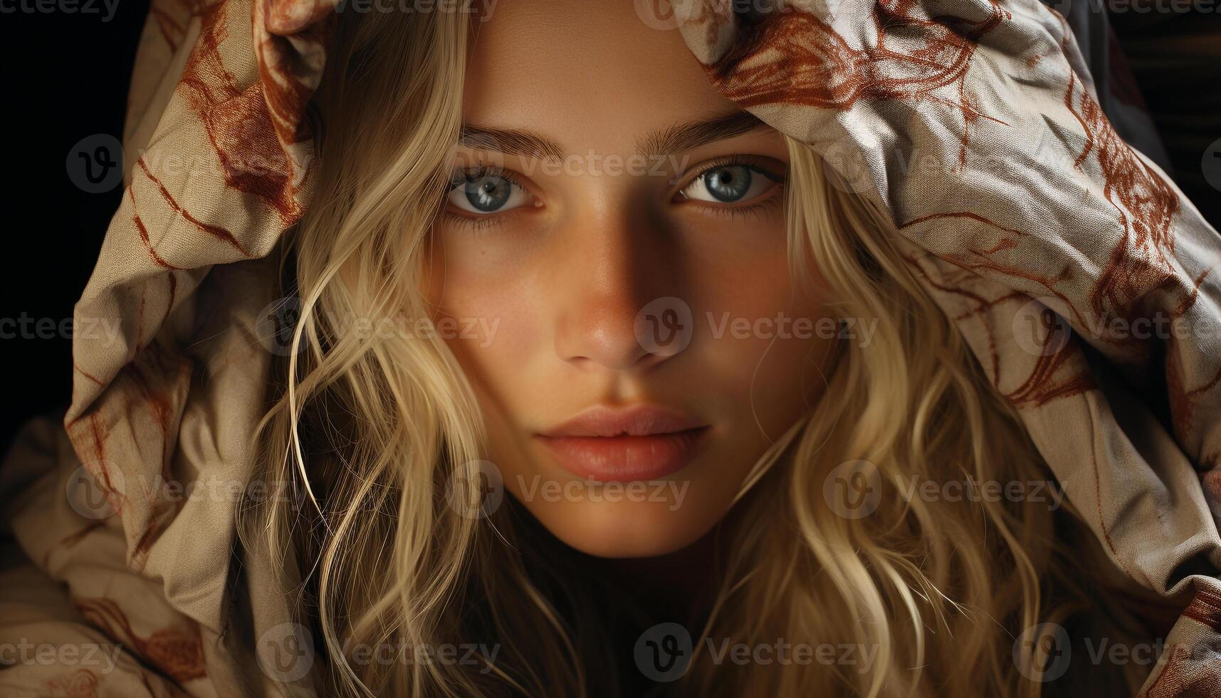 Young adult woman with long blond hair looking at camera generated by AI photo
