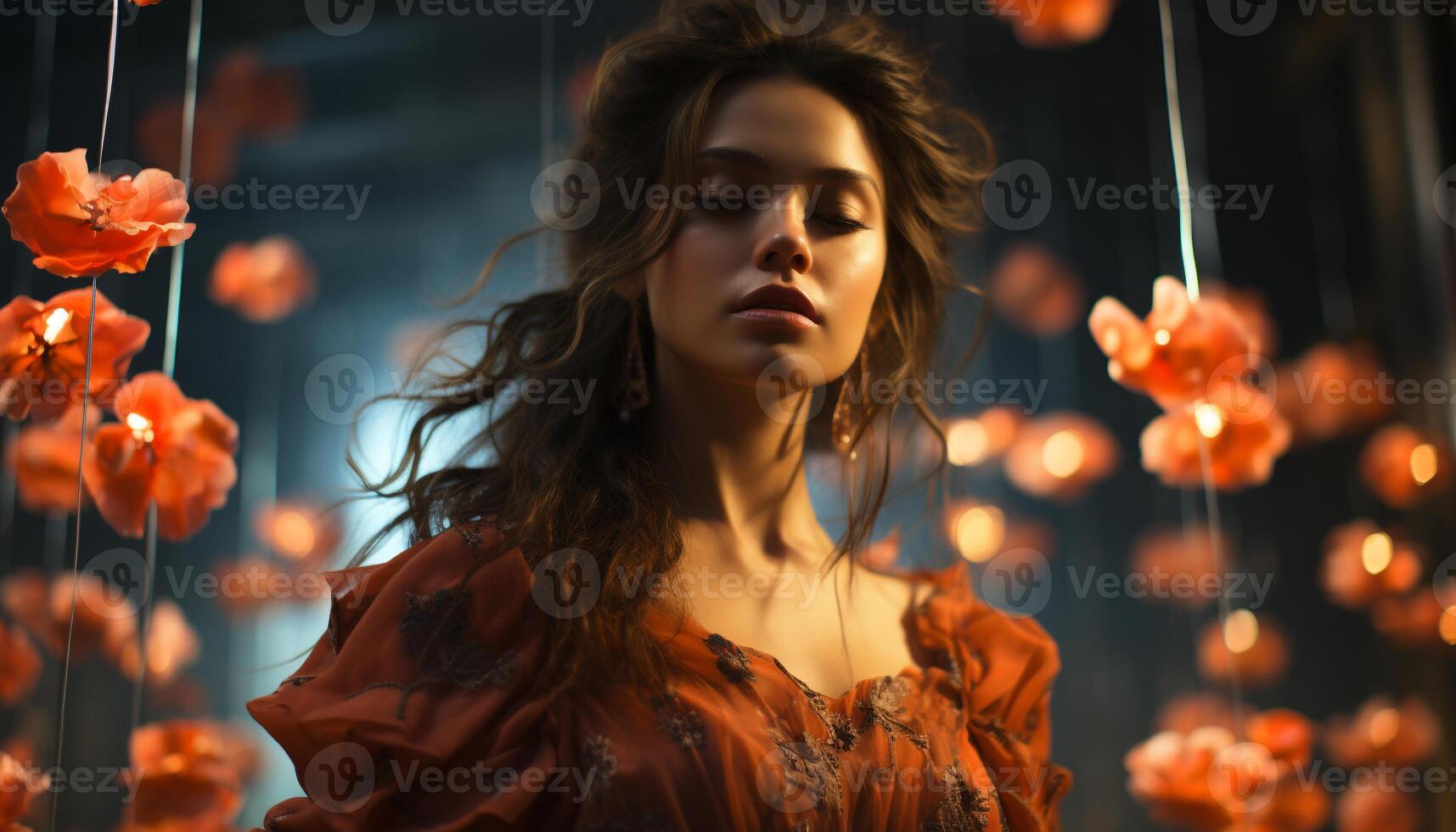 Young woman outdoors, smiling, looking at camera, autumn leaves generated by AI photo