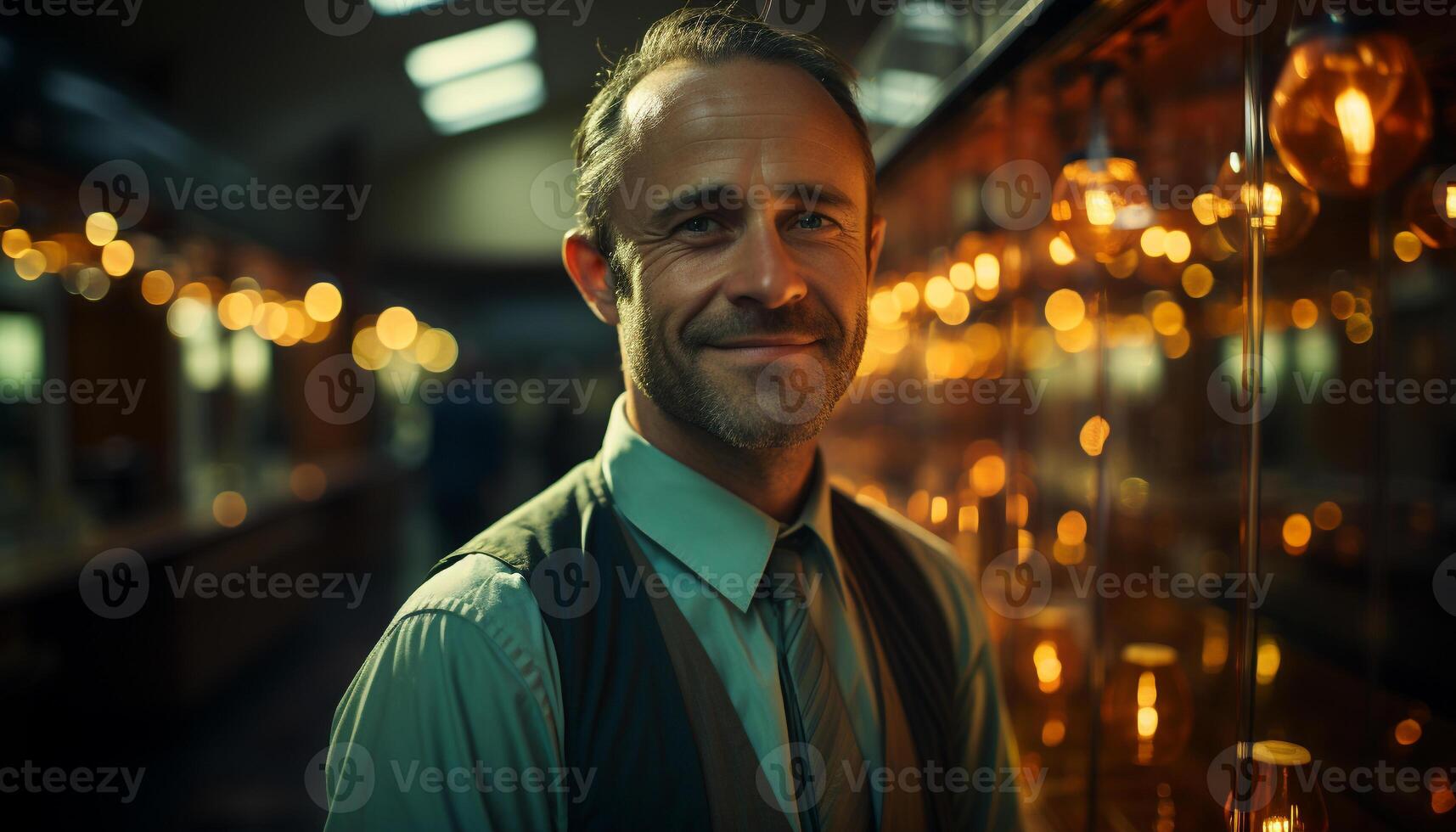 A confident, smiling businessman looking at camera in the night generated by AI photo