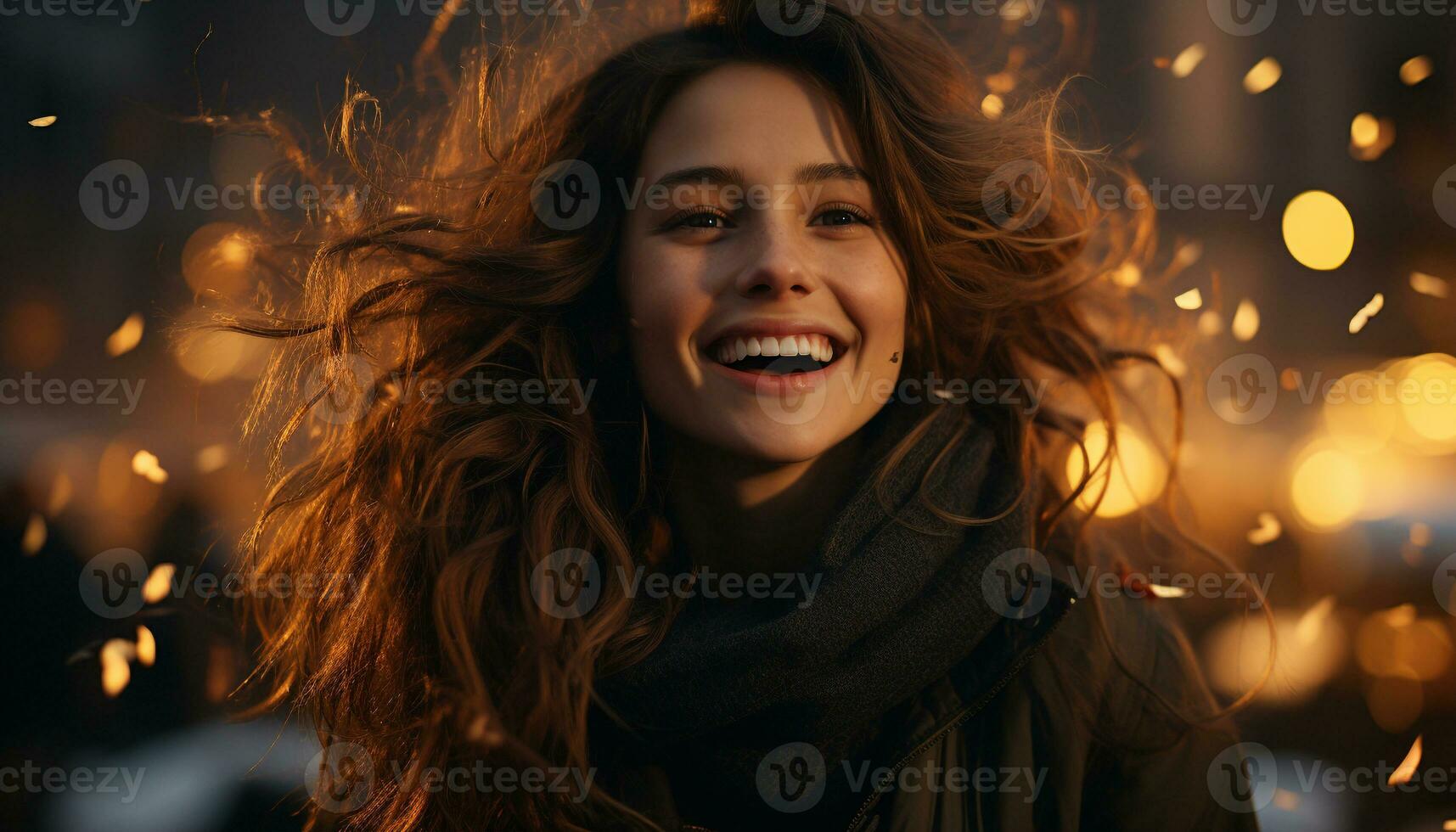 Smiling young woman, outdoors, enjoying nature, carefree and happy generated by AI photo