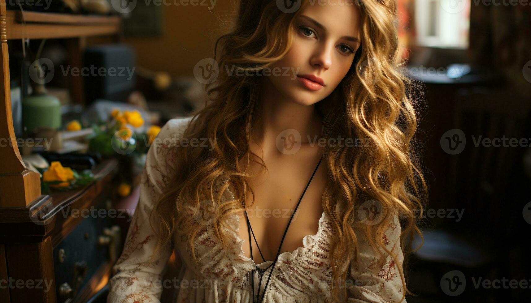 Beautiful young woman with blond hair, sitting indoors, looking at camera generated by AI photo