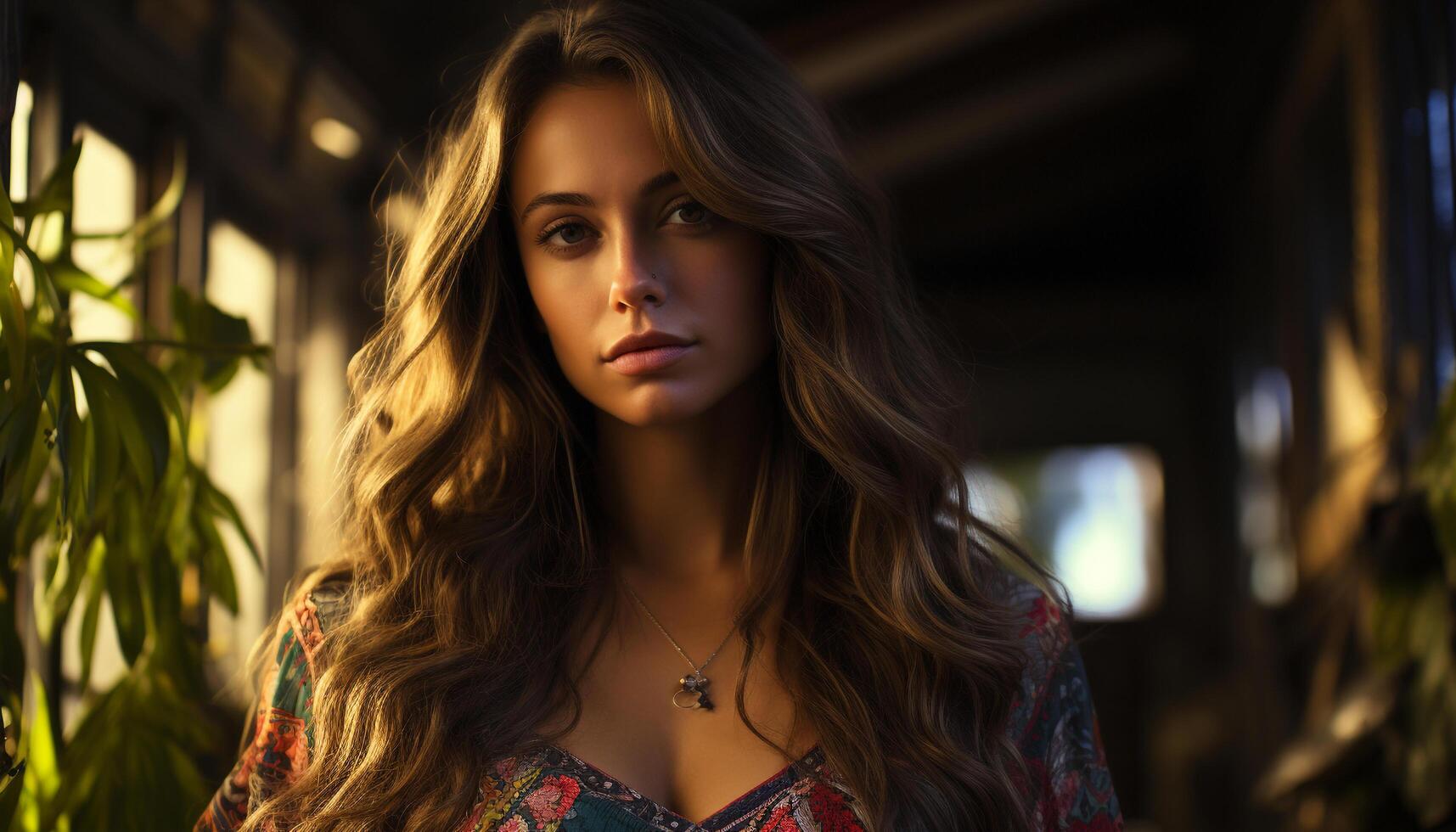A beautiful young woman with long brown hair, looking at camera generated by AI photo