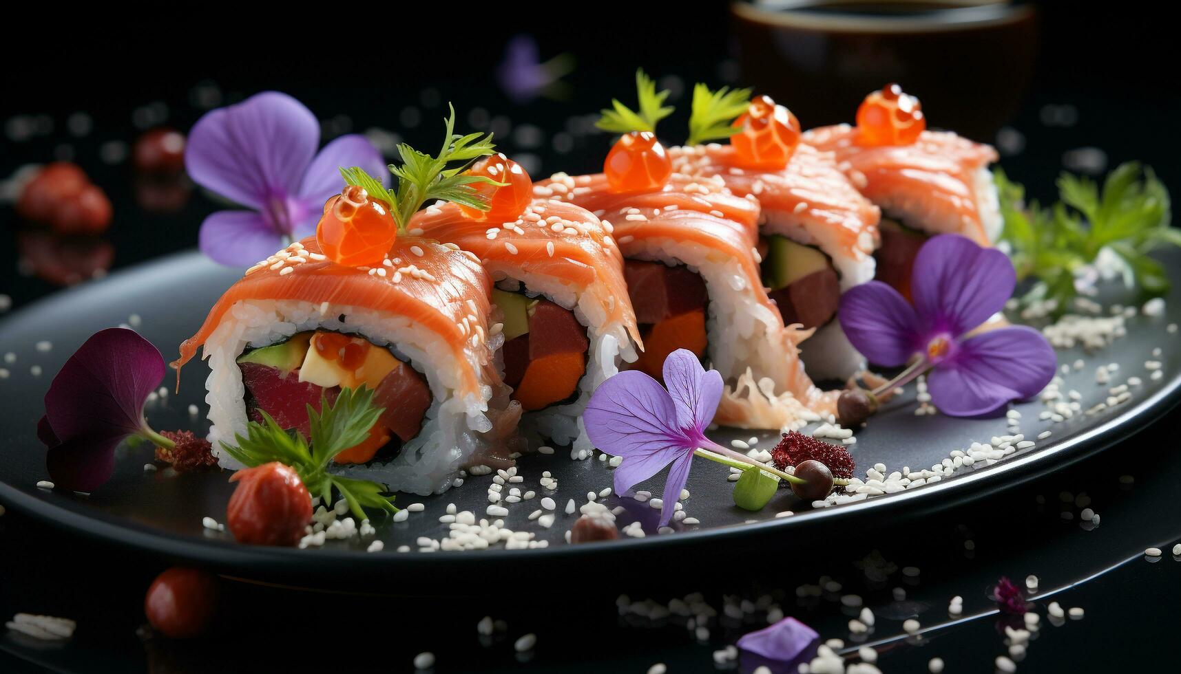 frescura y culturas en un plato mariscos, Sushi, verduras, y arroz generado por ai foto