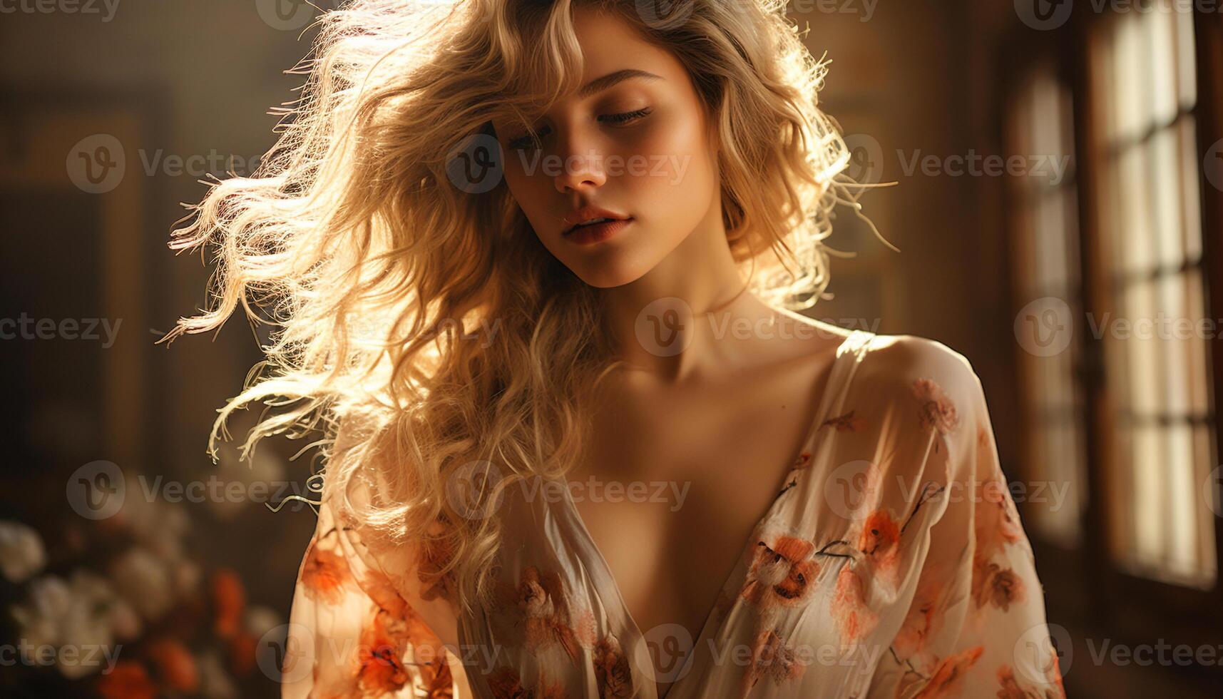 Young adult woman with blond hair, standing outdoors, looking cute generated by AI photo