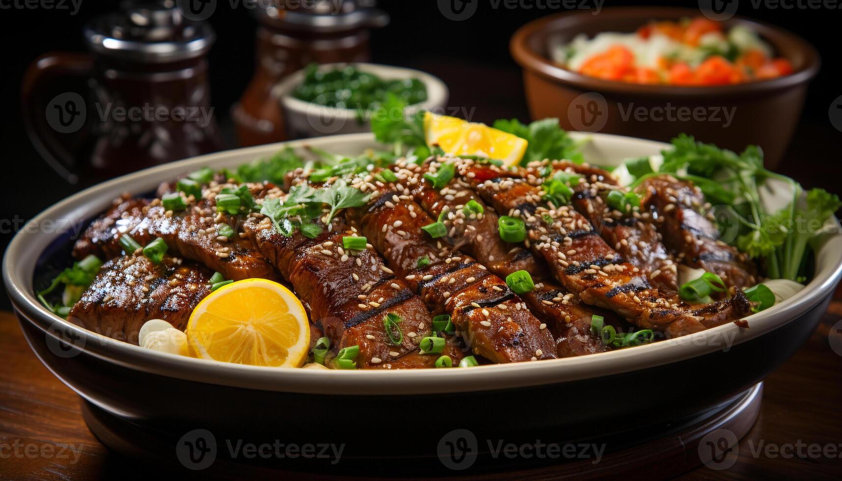 Grilled meat on a plate, a gourmet lunch with freshness generated by AI photo