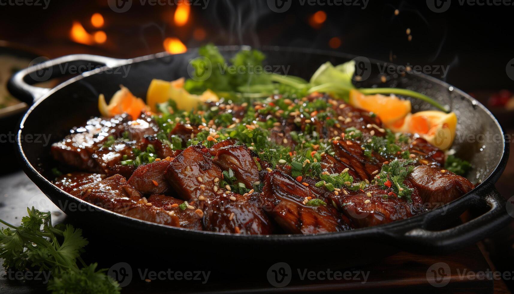 Grilled beef steak with fresh vegetables, cooked to perfection generated by AI photo