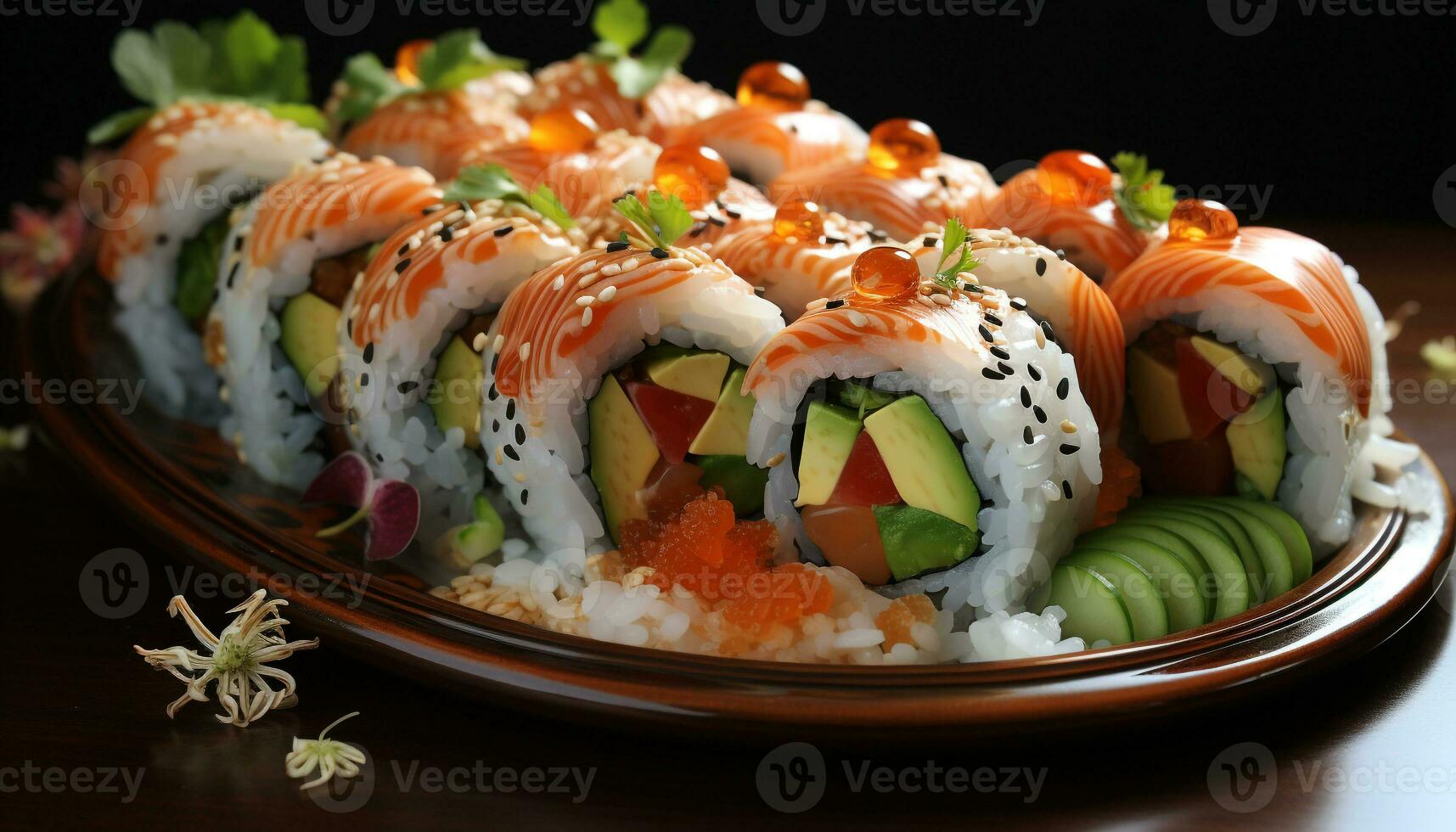frescura y culturas arrollado arriba en un plato de Sushi generado por ai foto