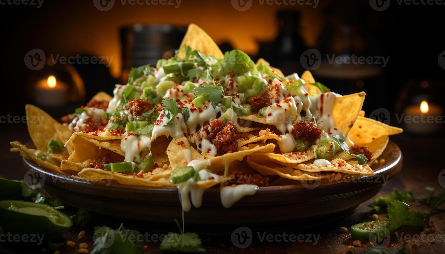 Fresh guacamole and taco on a wooden plate, ready to eat goodness generated by AI photo