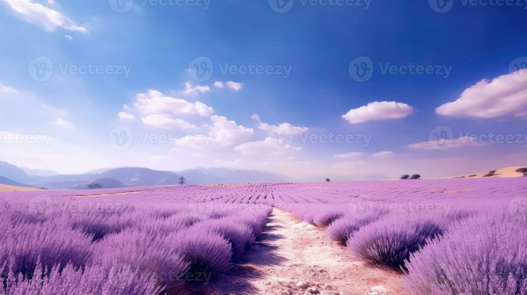 A vast and serene lavender field stretching out into the distance, mountains and a bright sky in the background. Generative AI photo