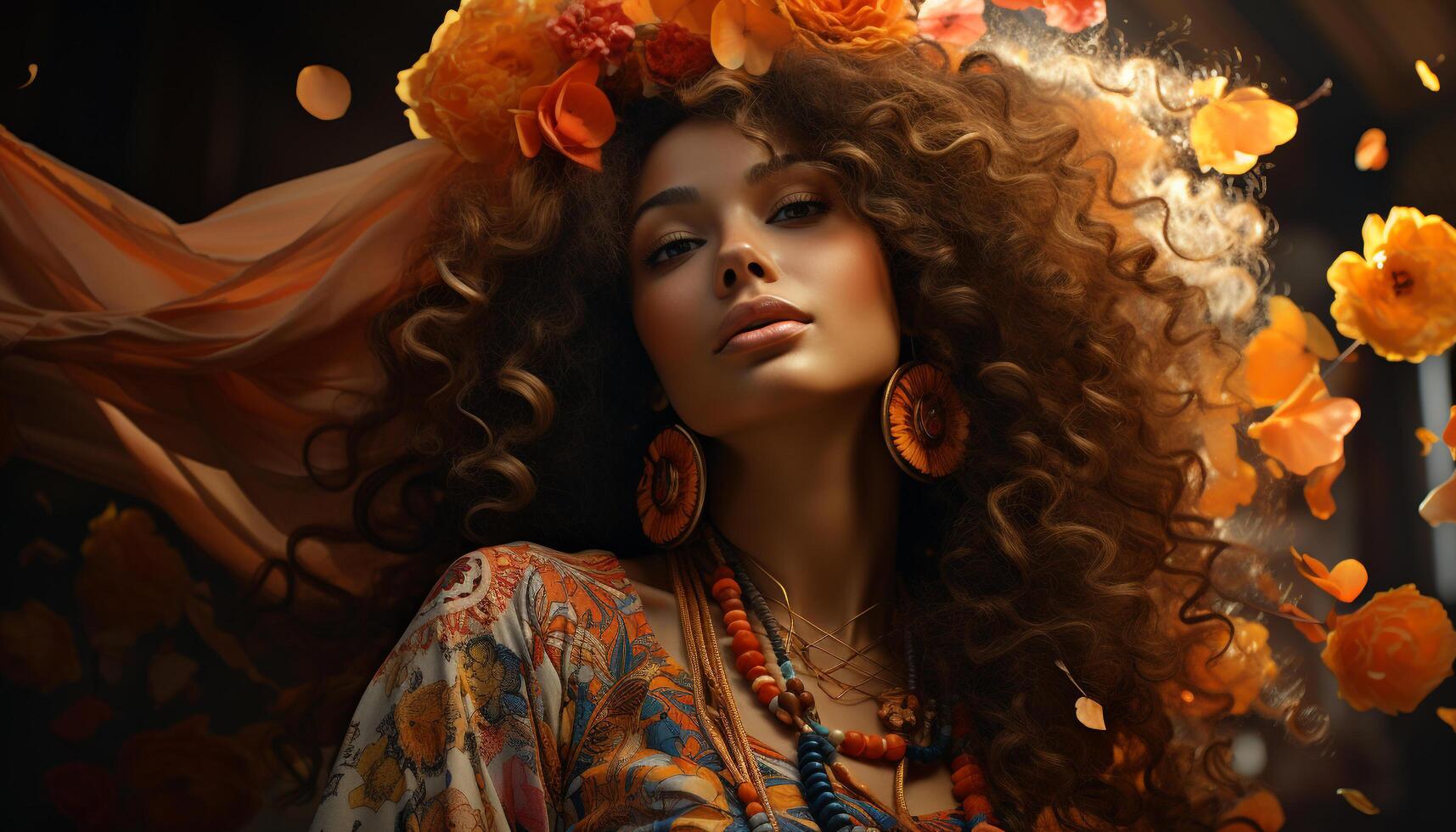 A beautiful young woman with brown hair, looking at camera generated by AI photo