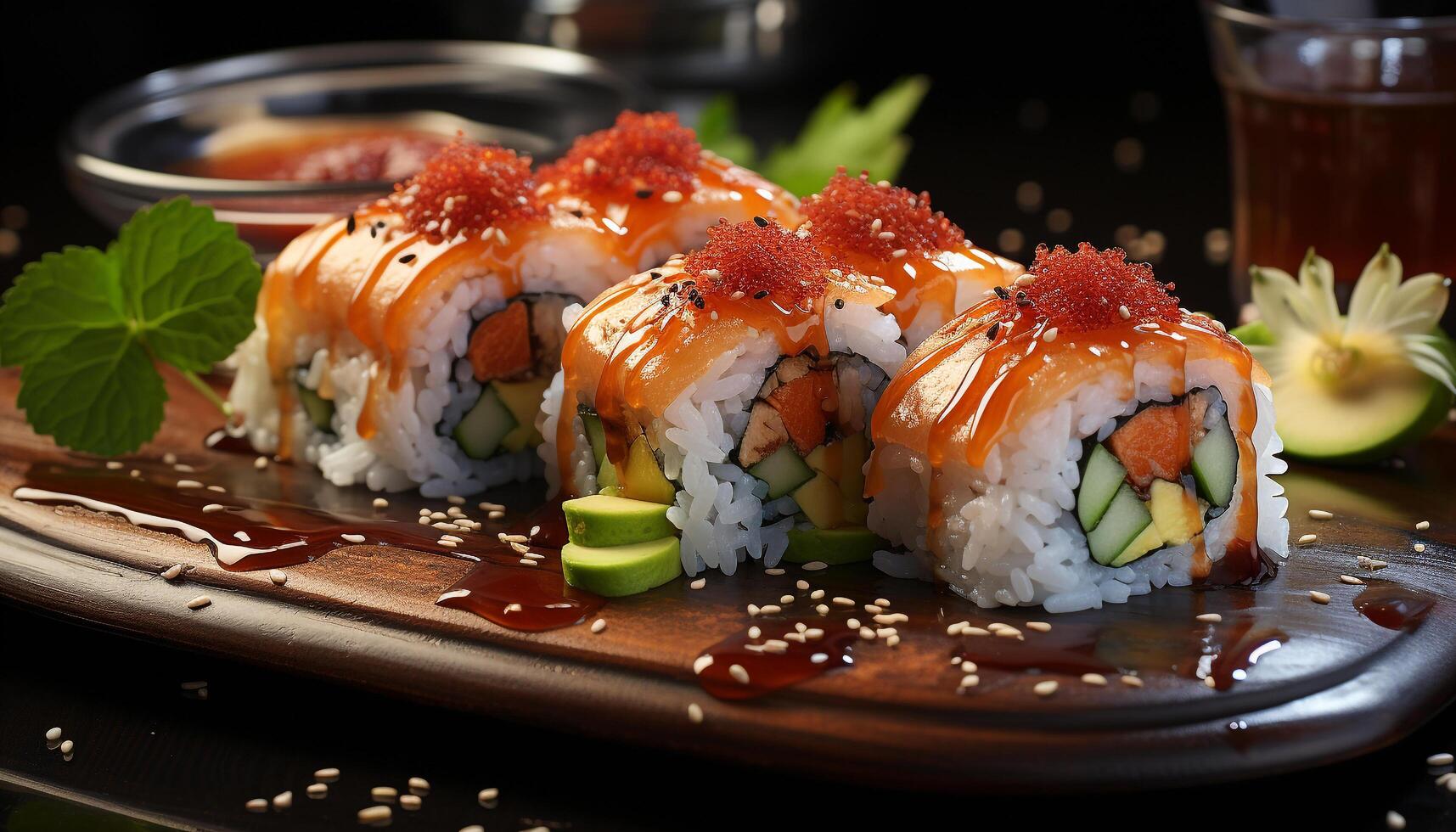 frescura y culturas en un plato mariscos, Sushi, palta, arroz generado por ai foto