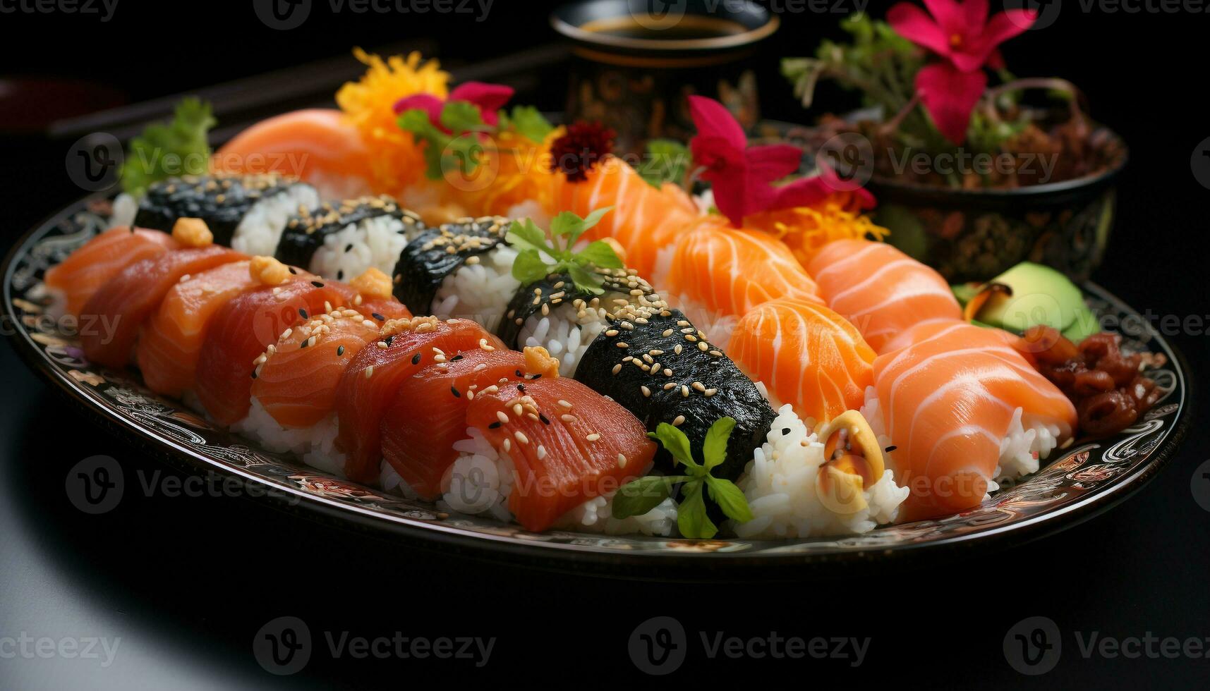 Fresco Mariscos lámina, Sushi rollos, sano comiendo, japonés cultura, comida generado por ai foto