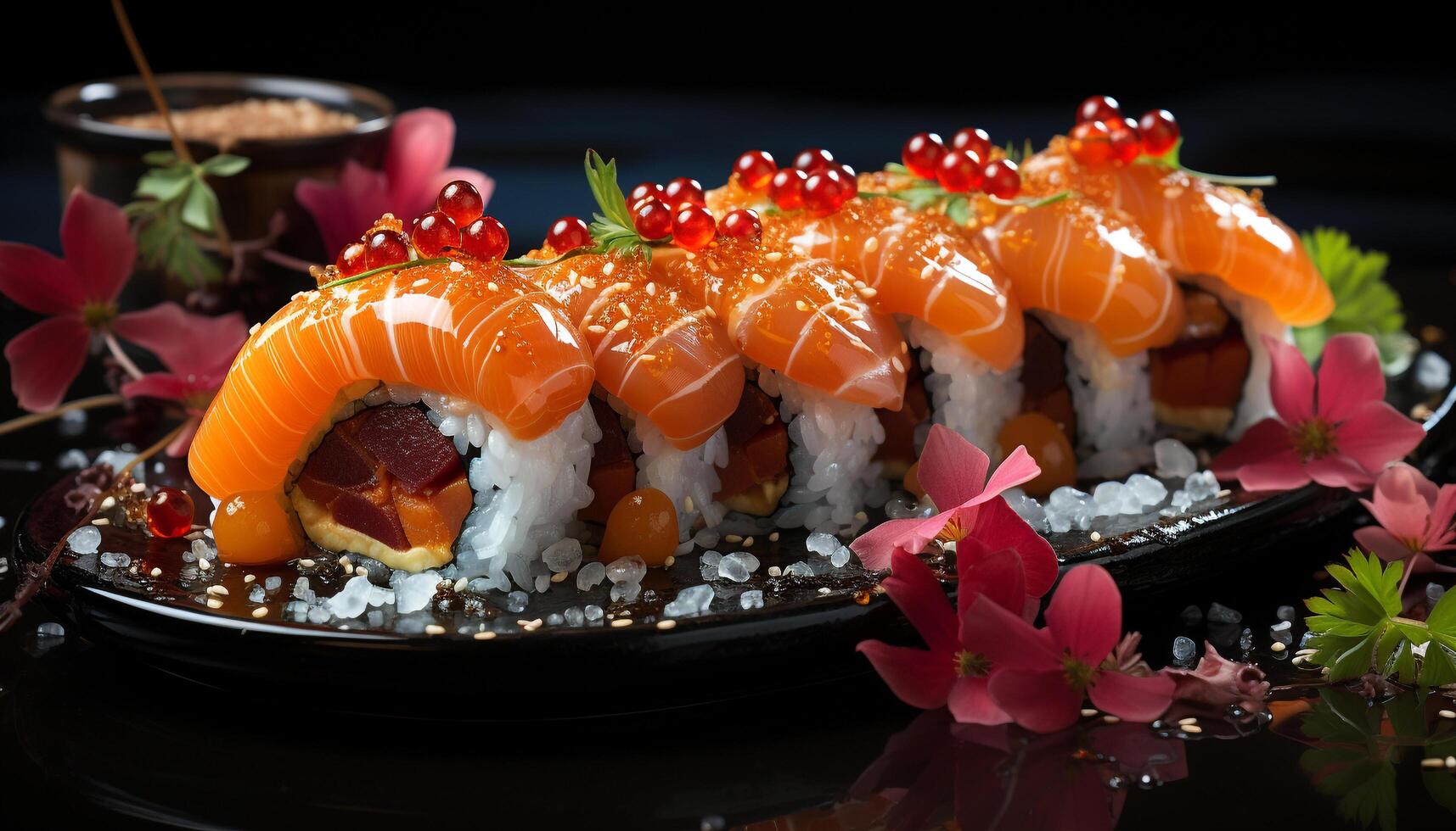 Freshness of seafood on plate, close up of sashimi and maki sushi generated by AI photo