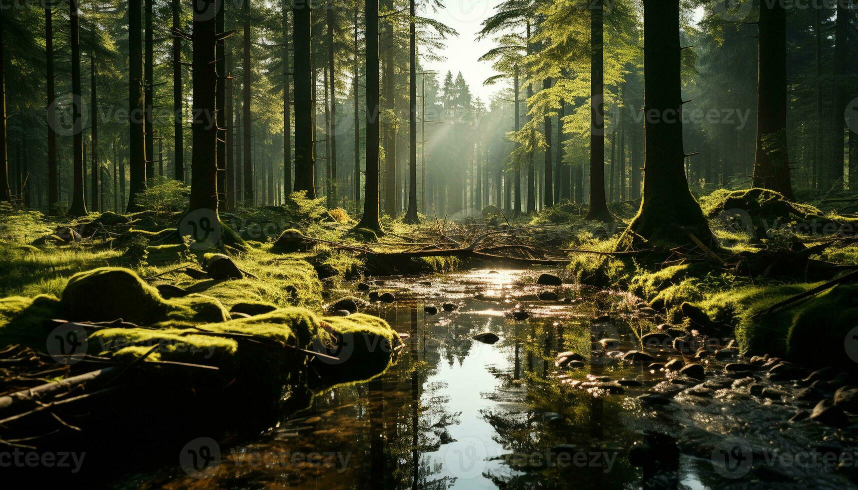 tranquilo escena de un oscuro bosque con un brumoso estanque generado por ai foto