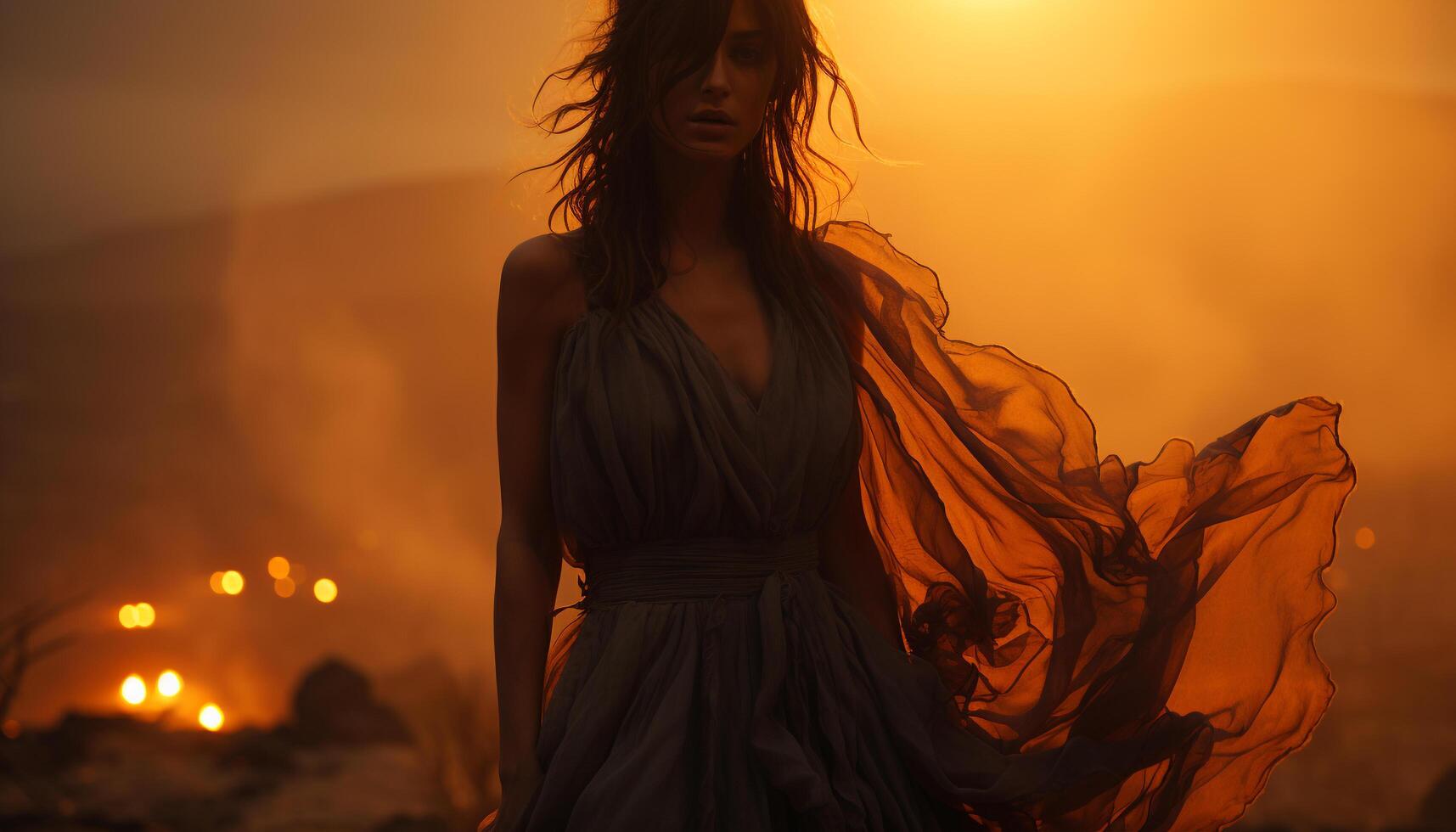 A beautiful young woman in a dress enjoys the sunset generated by AI photo