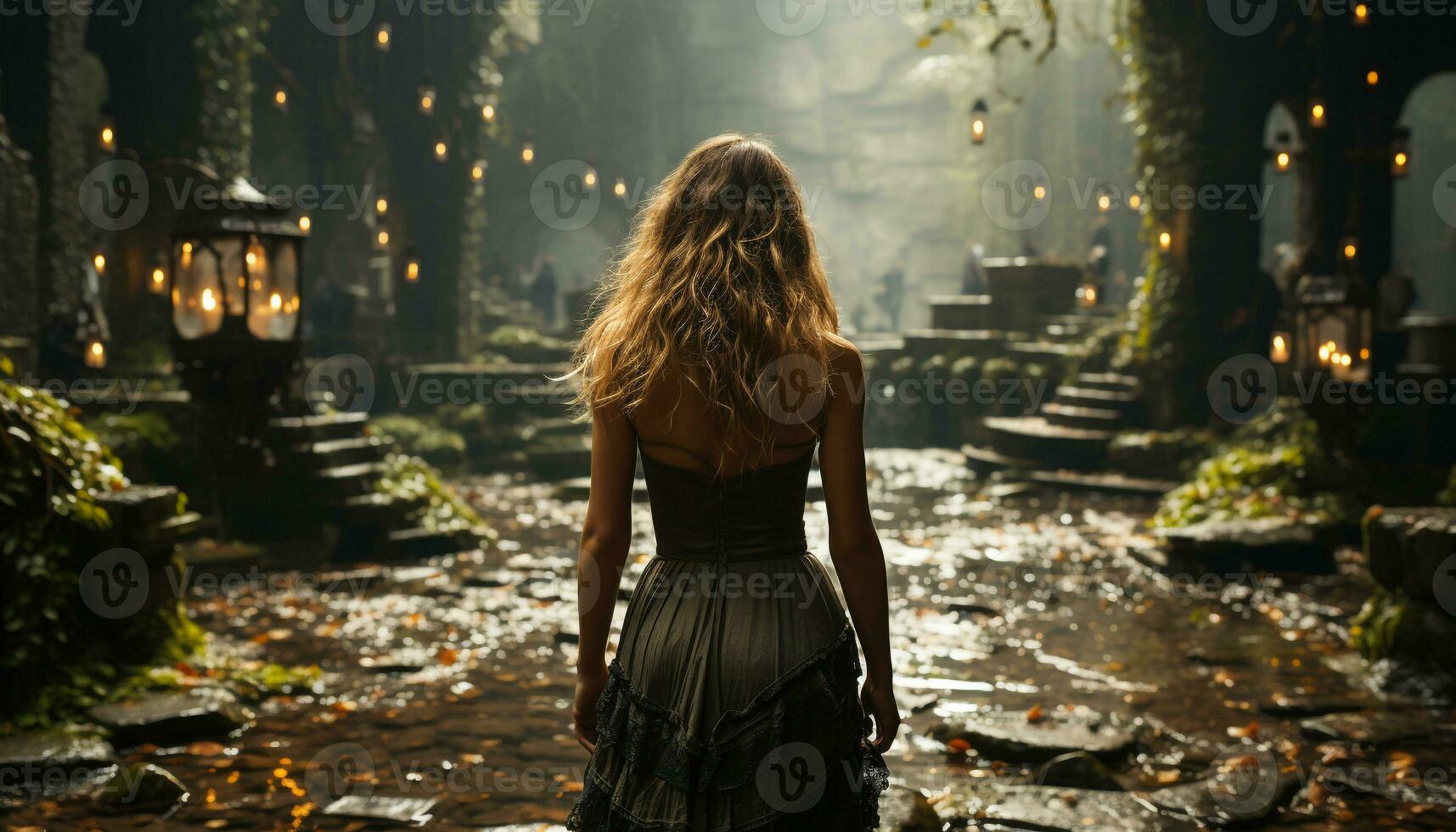 Young woman in a dark dress standing alone in the forest generated by AI photo