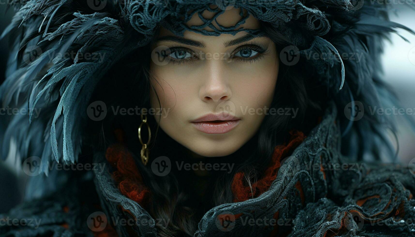 Beautiful young woman in winter fashion, looking at camera outdoors generated by AI photo