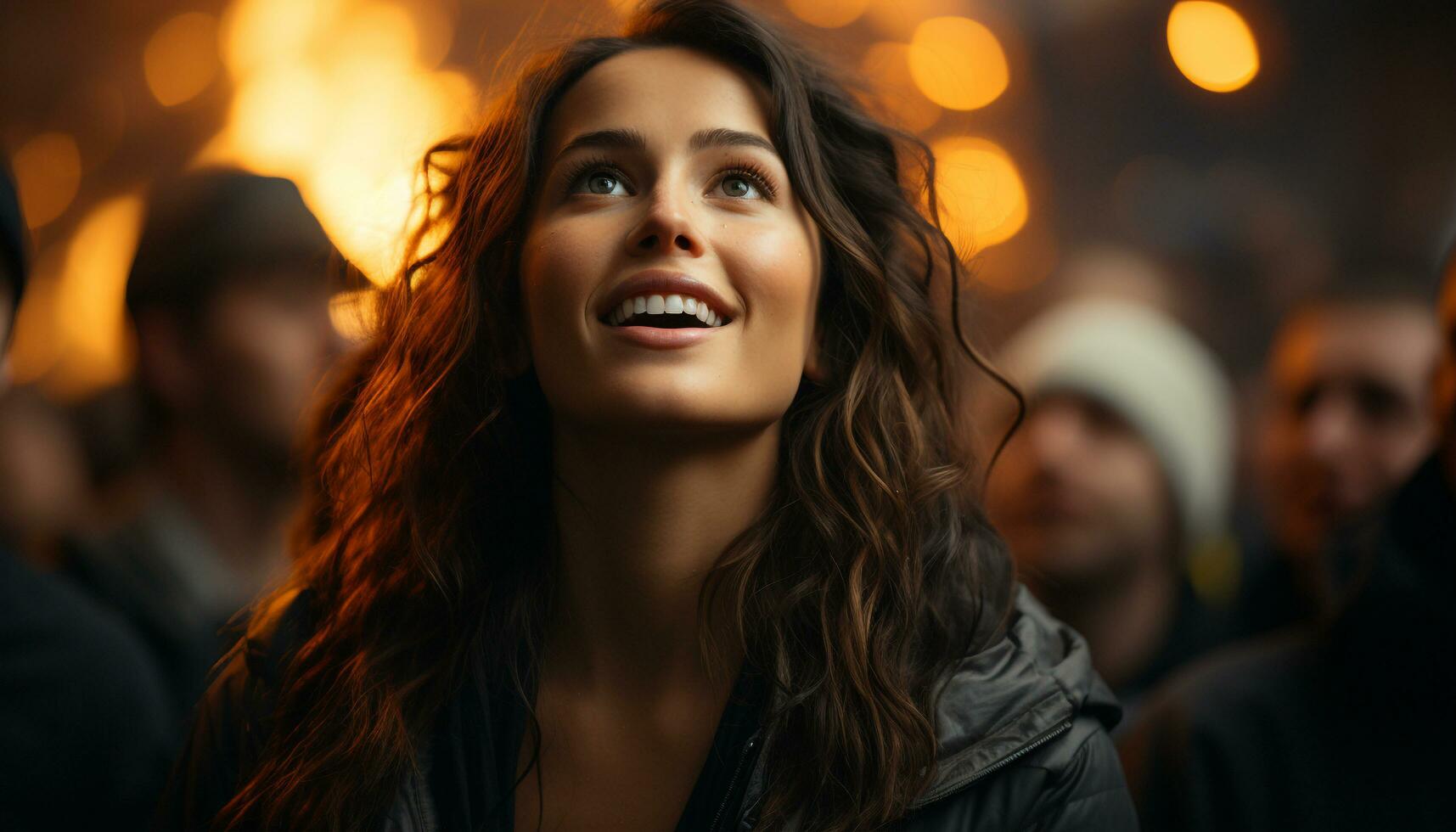 sonriente joven mujer disfrutar al aire libre divertido, celebrando amistad y unión generado por ai foto