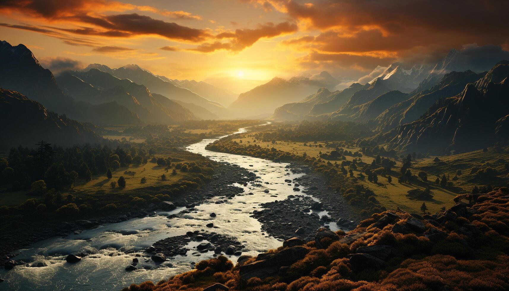 Majestic mountain range, tranquil meadow, sunset sky, reflecting in water generated by AI photo