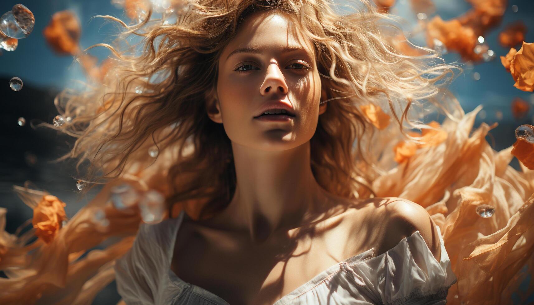 Young woman with long blond hair smiling outdoors, enjoying the wind generated by AI photo