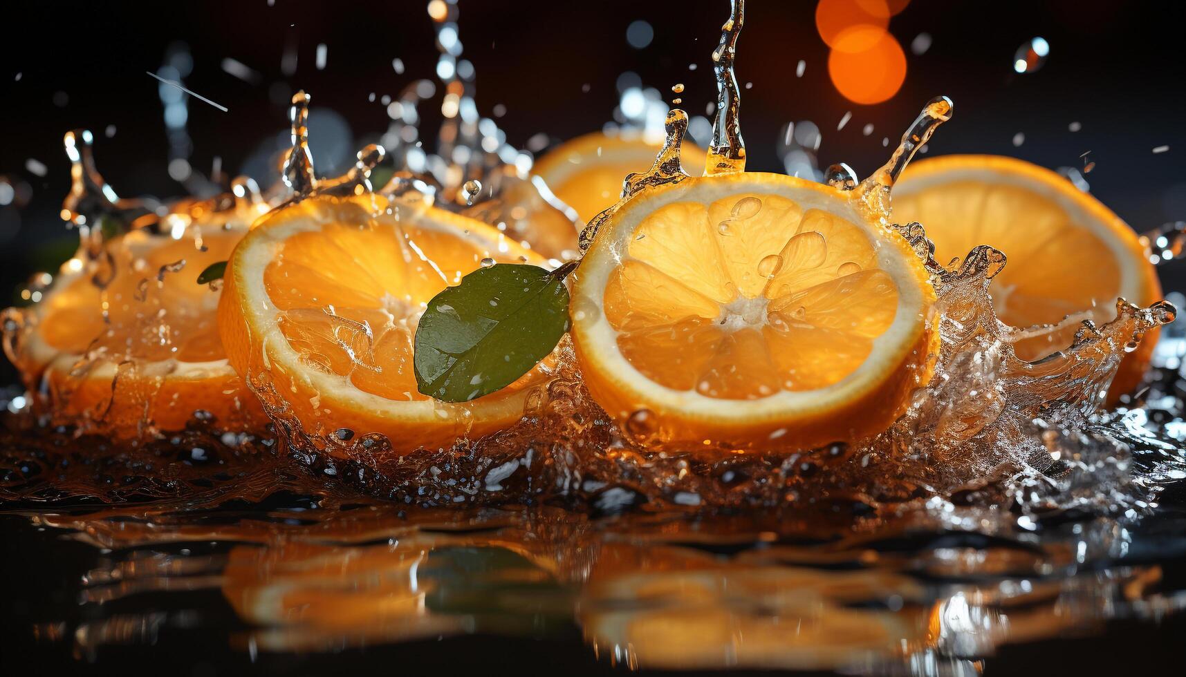 Freshness of citrus fruit, wet slice splashing in water generated by AI photo