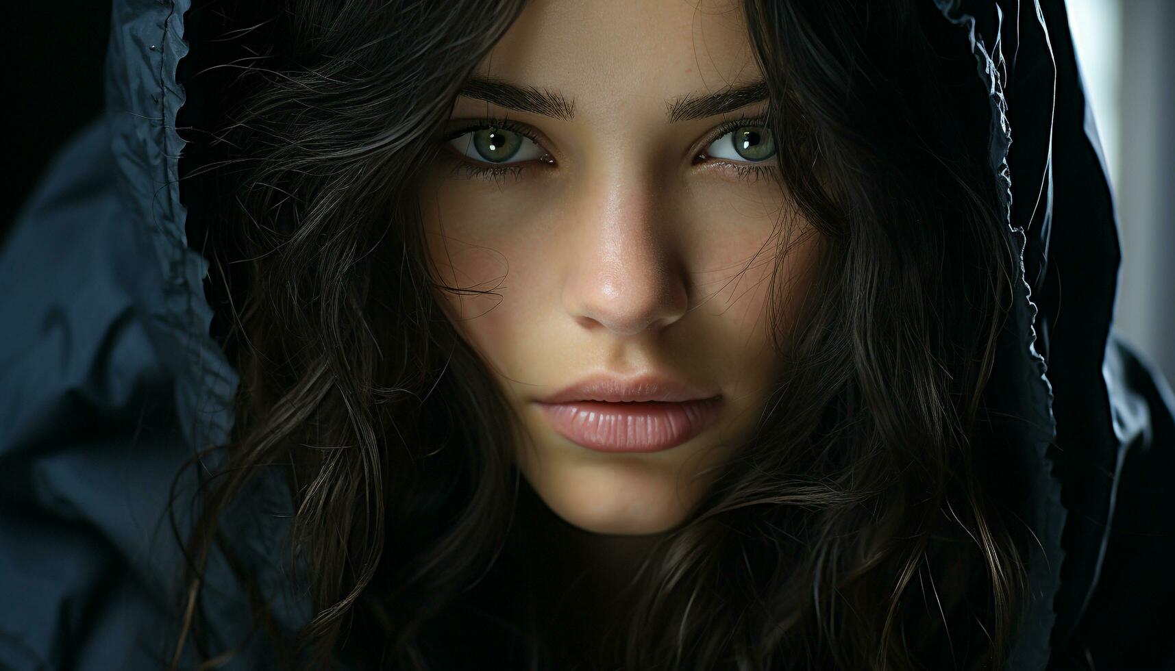 A beautiful young woman with wet hair looking at camera generated by AI photo