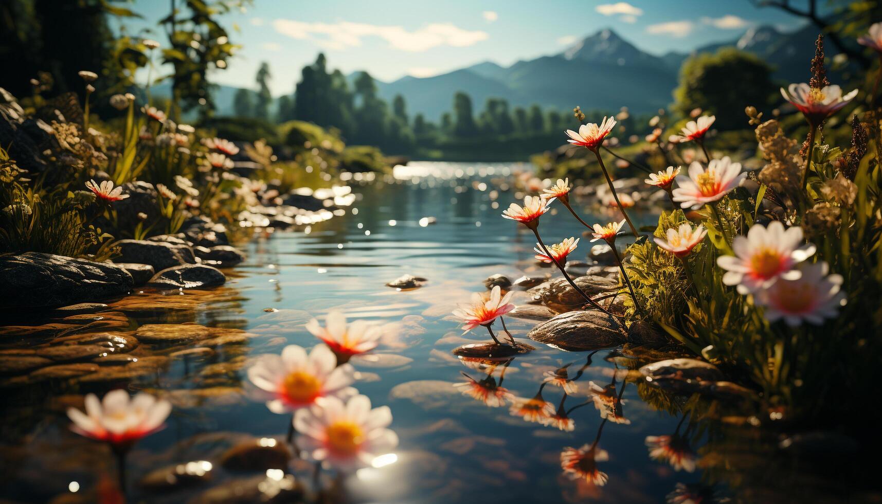 A tranquil meadow, bathed in sunlight, blossoms with colorful wildflowers generated by AI photo