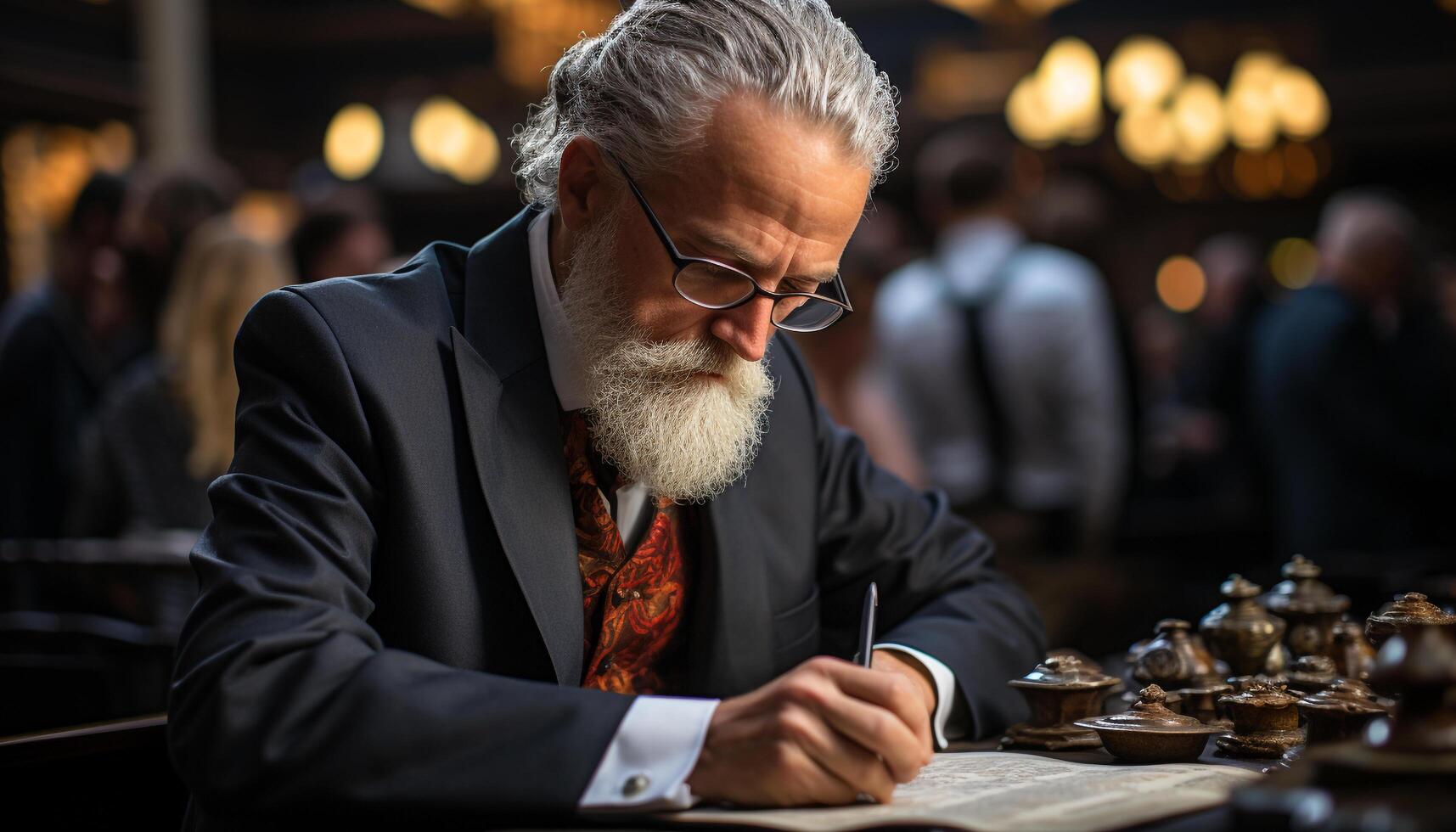 A mature businessman sitting at a table, working indoors with confidence generated by AI photo