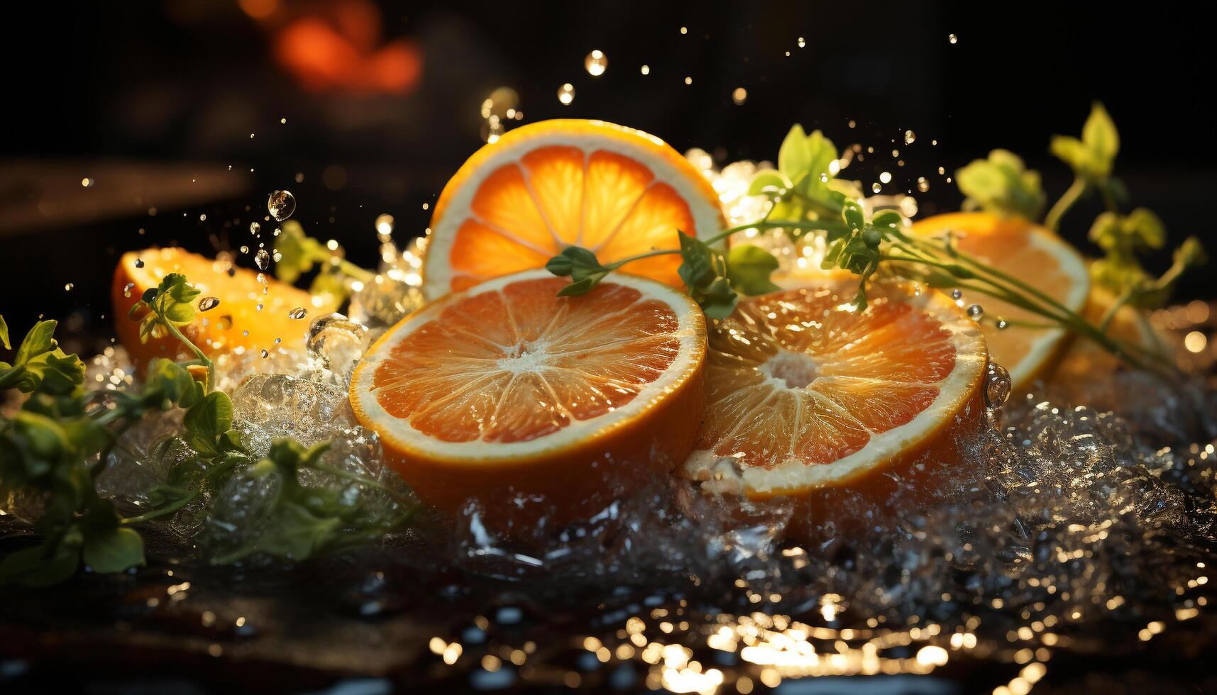 Fresh lemon slice on a wet leaf, healthy eating and freshness generated by AI photo