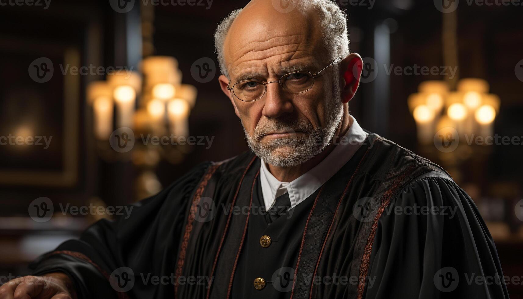 A serious senior man, with gray hair, praying indoors, looking at camera generated by AI photo