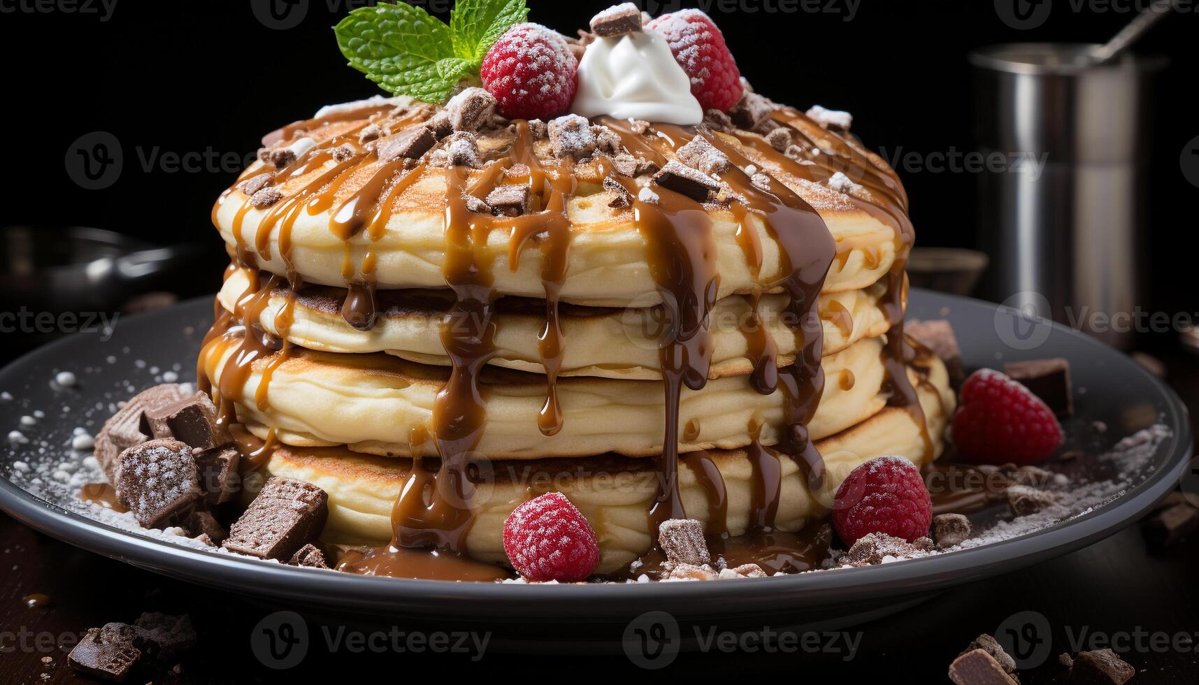 A stack of homemade pancakes with chocolate sauce and berries generated by AI photo