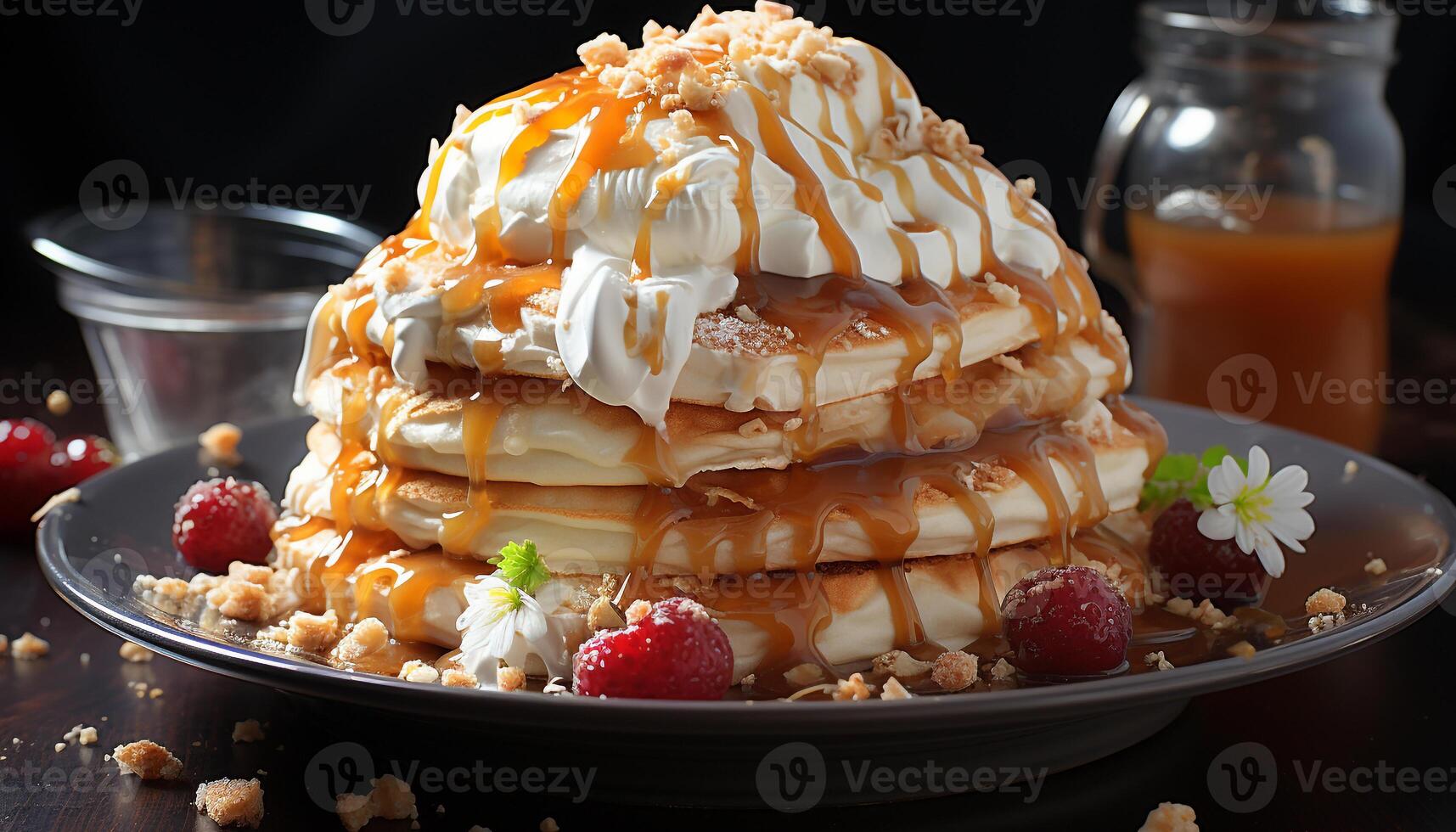 Freshness and sweetness on a plate homemade pancake stack with berries generated by AI photo