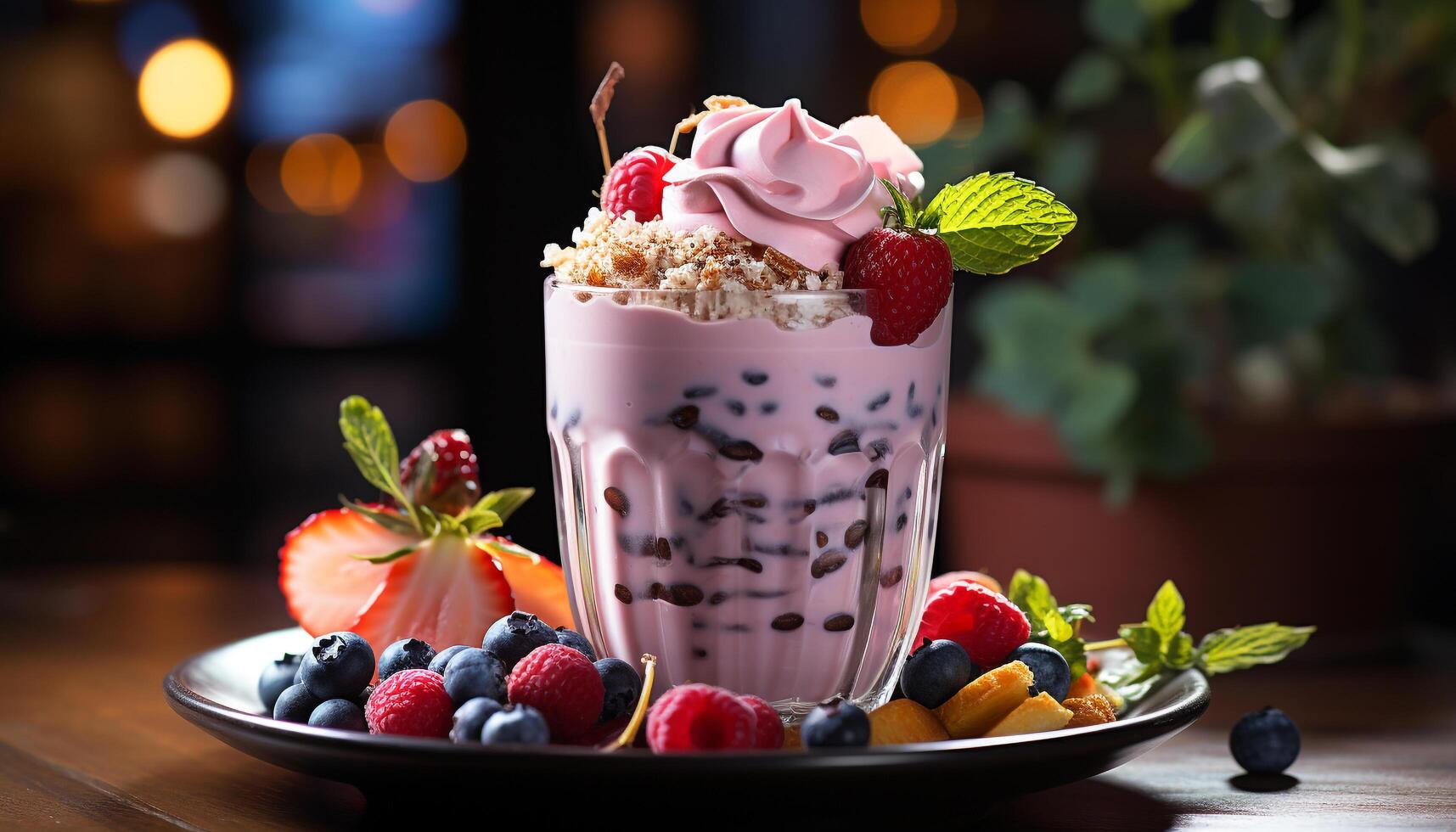 Fresh fruit dessert on wooden table, healthy and delicious generated by AI photo