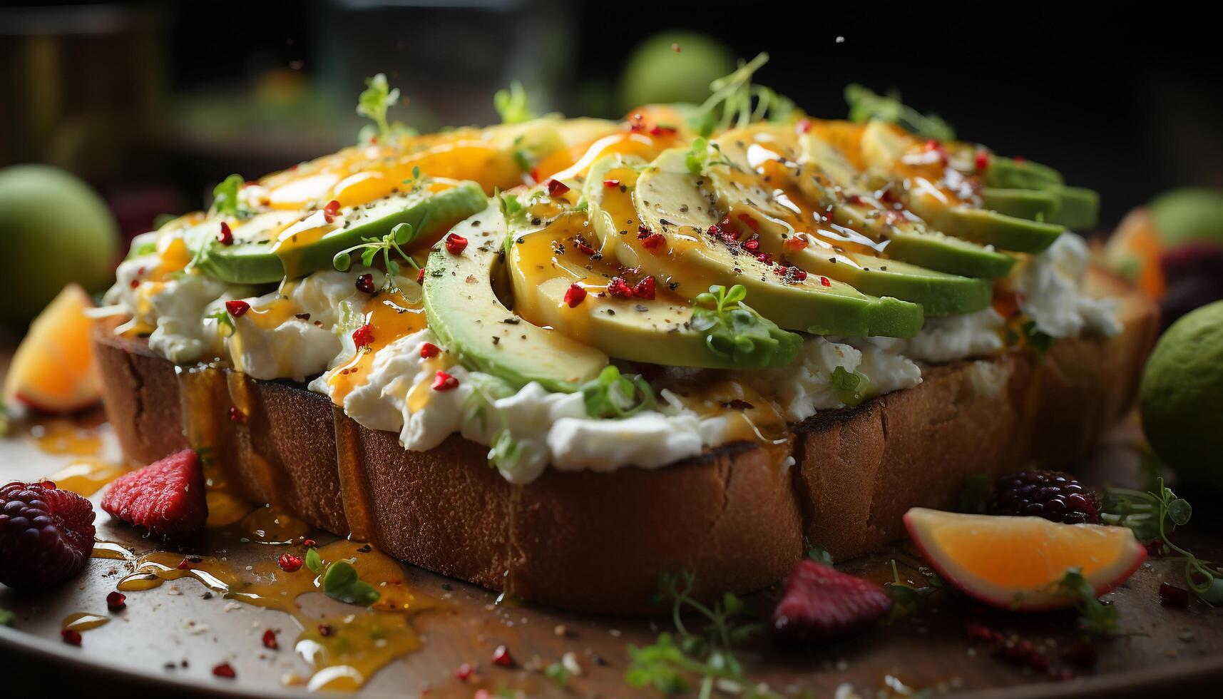Freshness and indulgence on a plate gourmet grilled avocado sandwich generated by AI photo