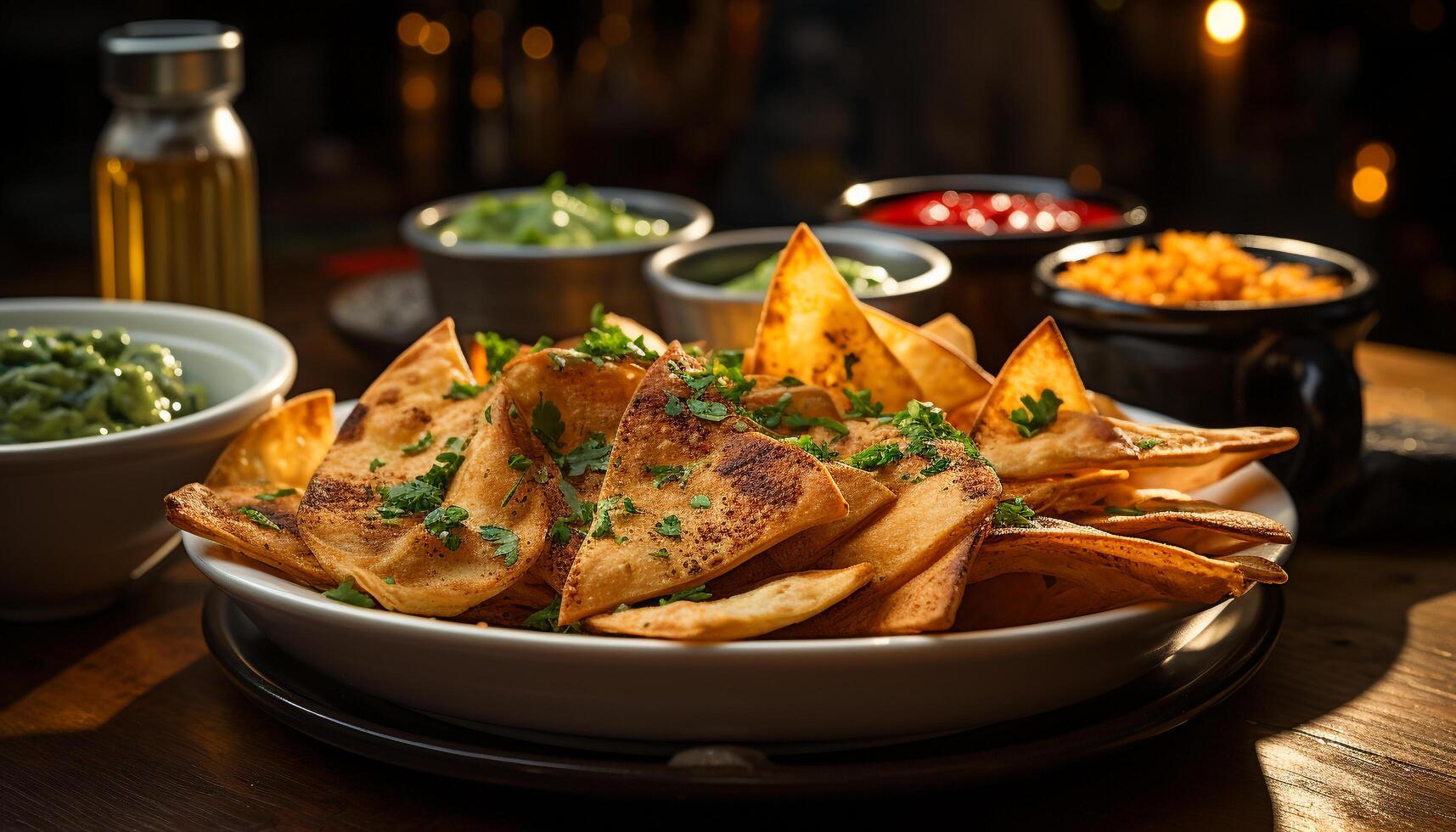 Fresh guacamole, spicy dip, crunchy tortilla chips, homemade Mexican snack generated by AI photo