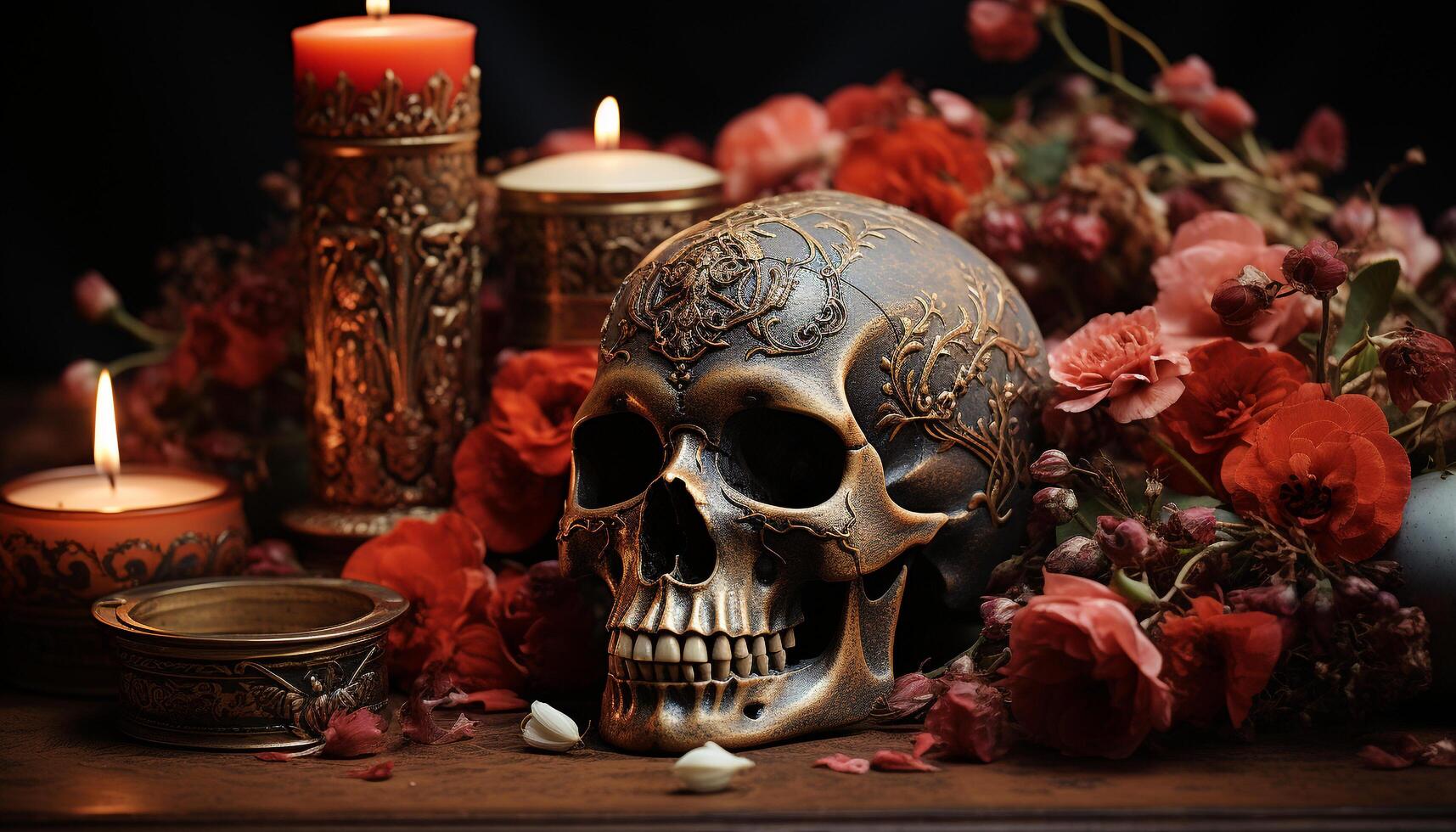 Spooky Halloween decoration candle, skull, flower, dark, still life generated by AI photo