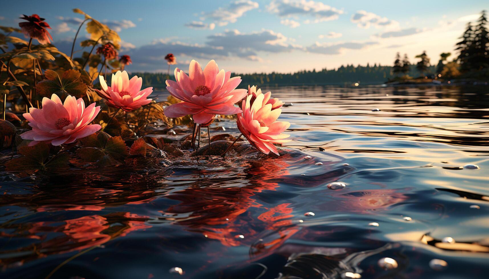A beautiful lotus flower reflects the sunset on the pond generated by AI photo