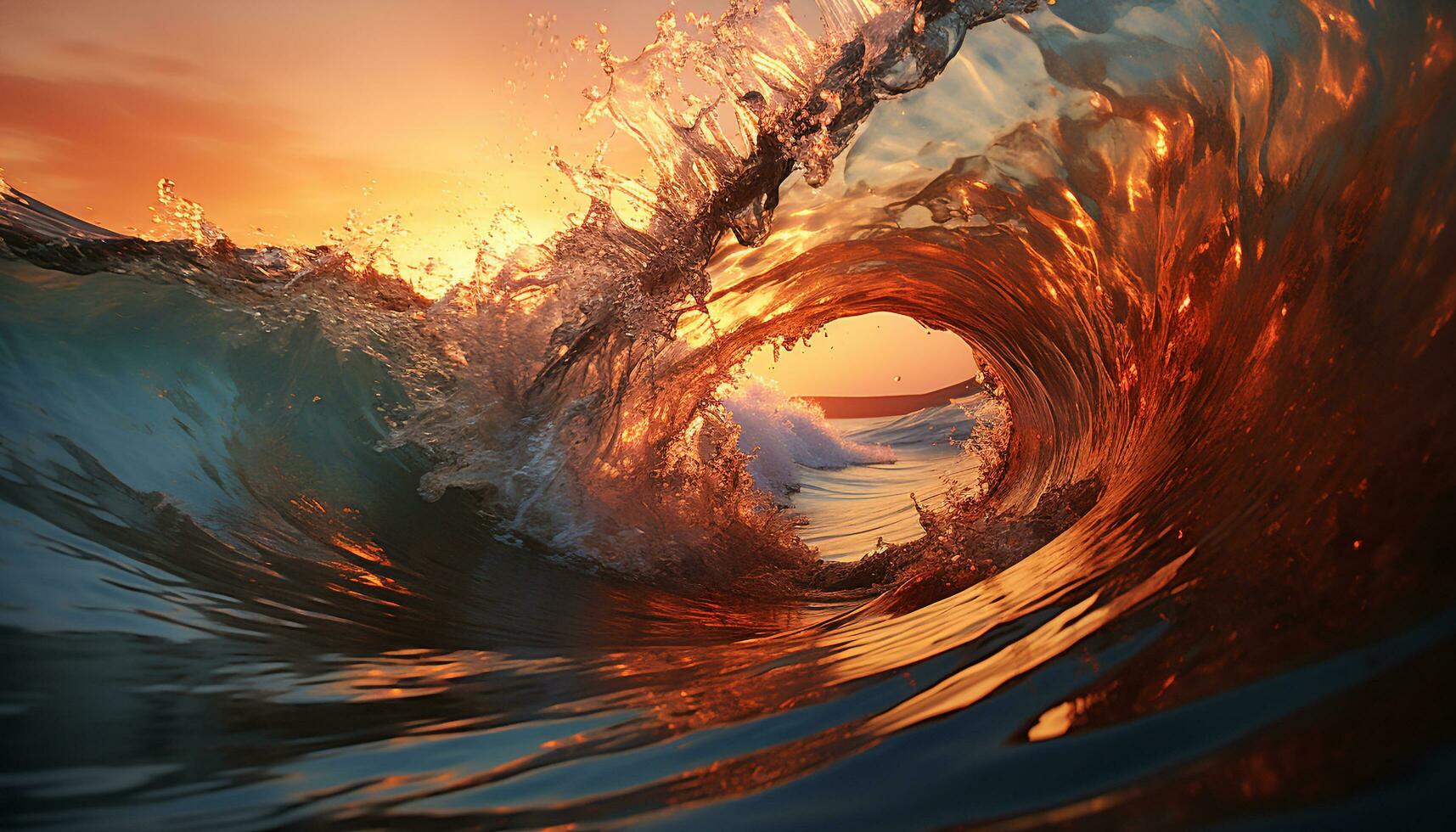 Majestic wave crashing, sunset reflection, nature beauty in motion generated by AI photo