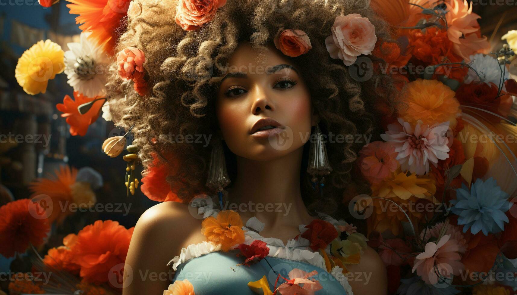 A beautiful woman with curly brown hair holding a bouquet generated by AI photo