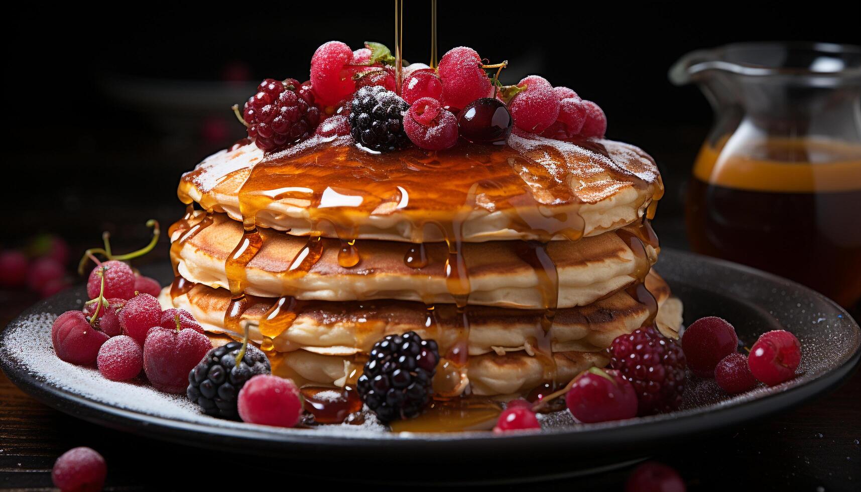 A stack of homemade pancakes with fresh berries and syrup generated by AI photo